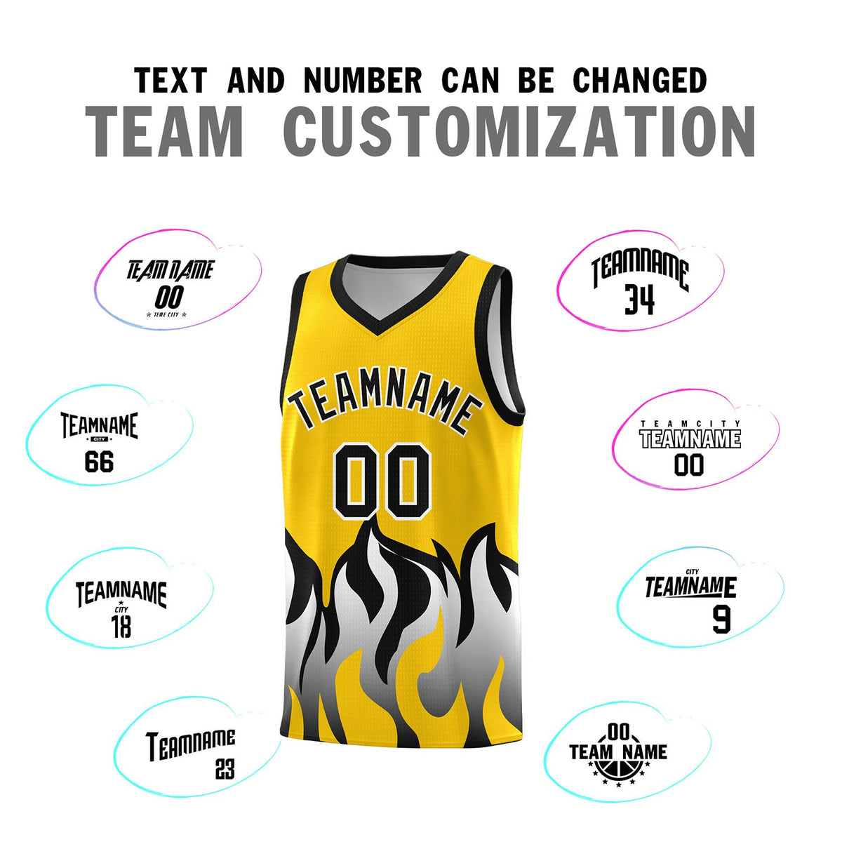 Custom Gold Black Hem Flame Pattern Fashion Sports Uniform Basketball jersey