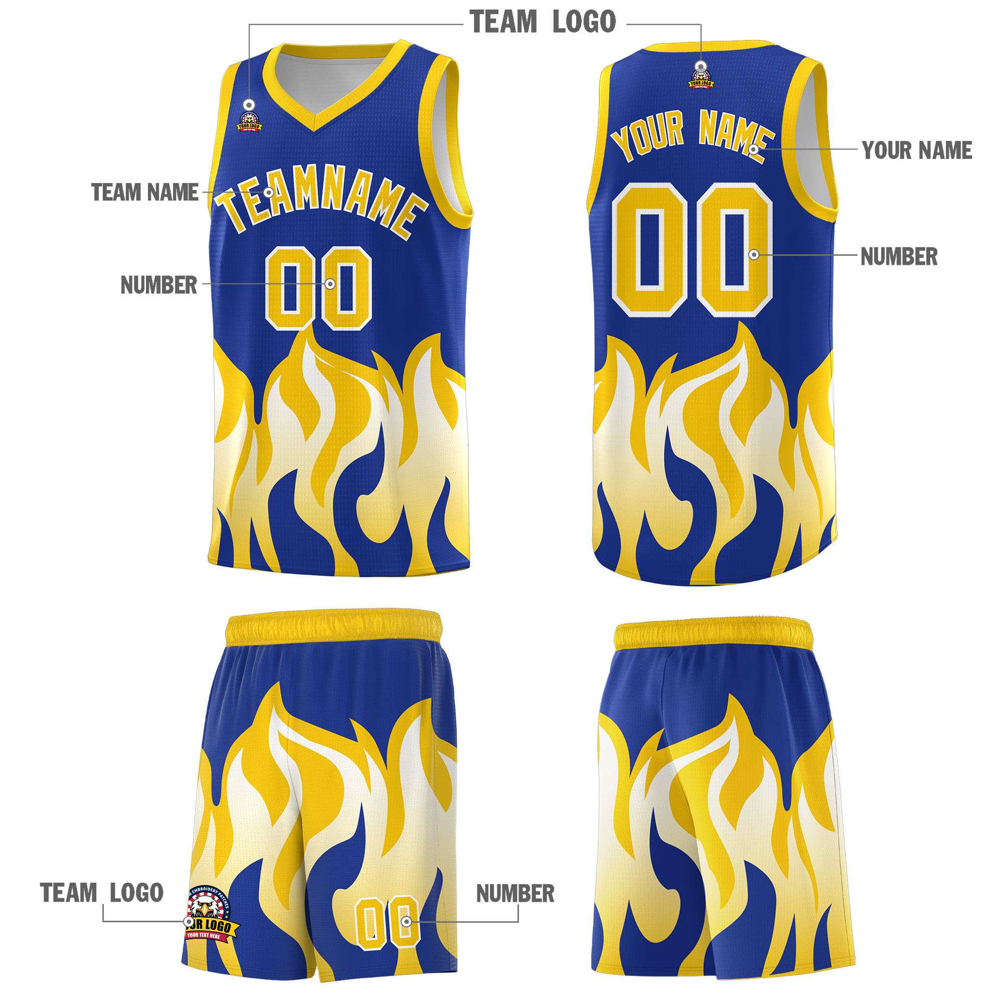 Custom Royal Gold Hem Flame Pattern Fashion Sports Uniform Basketball jersey