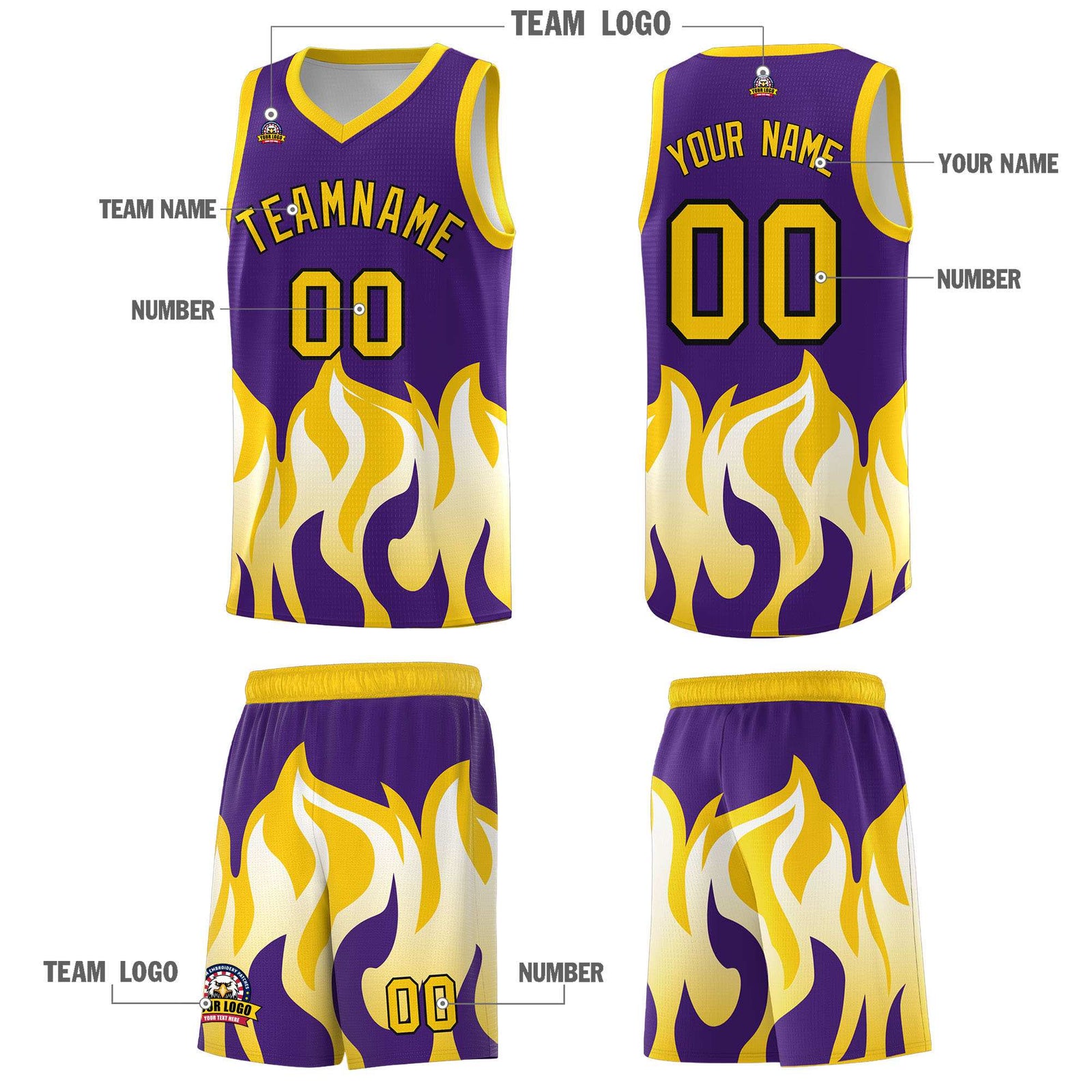 Custom Purple Gold Hem Flame Pattern Fashion Sports Uniform Basketball jersey