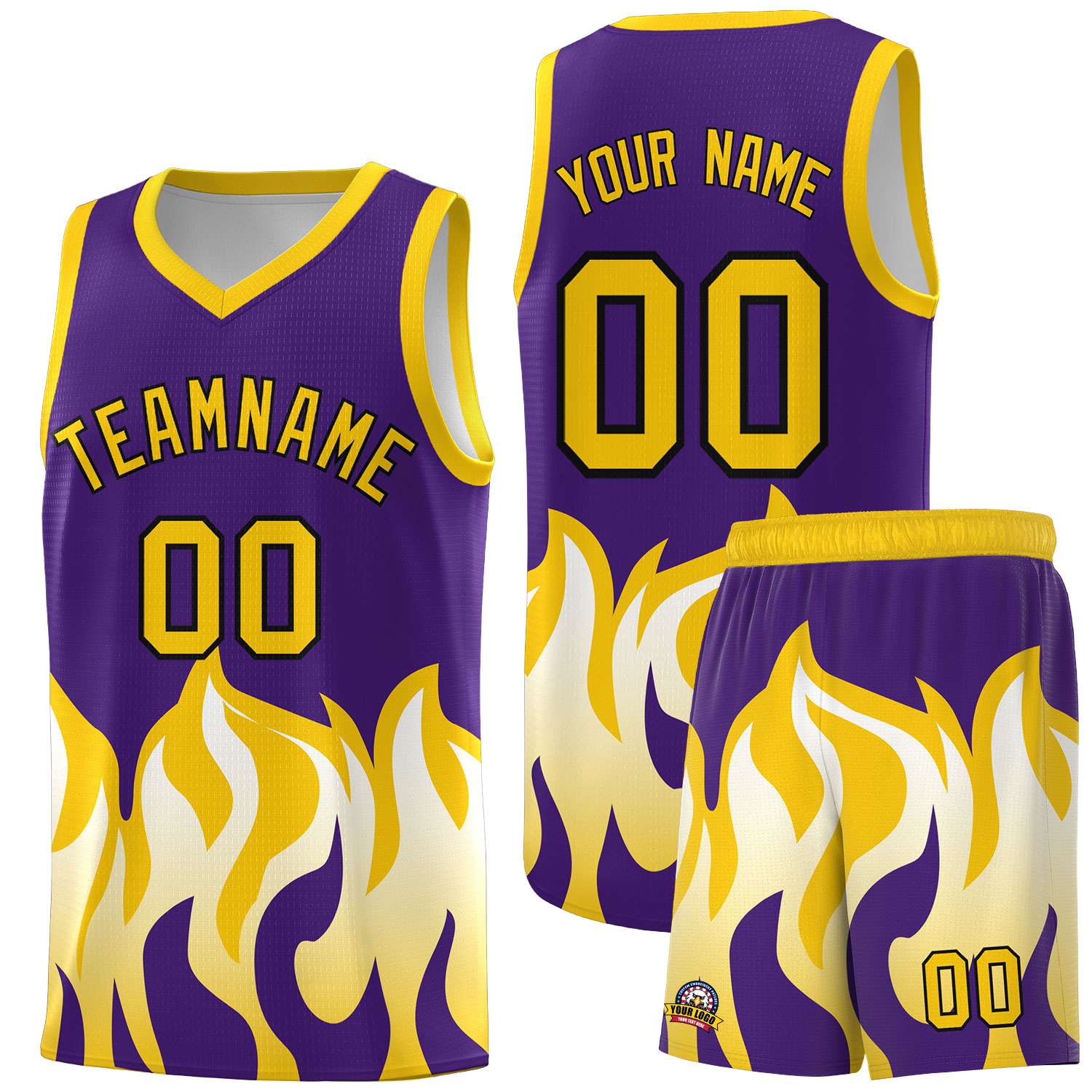 Custom Purple Gold Hem Flame Pattern Fashion Sports Uniform Basketball jersey