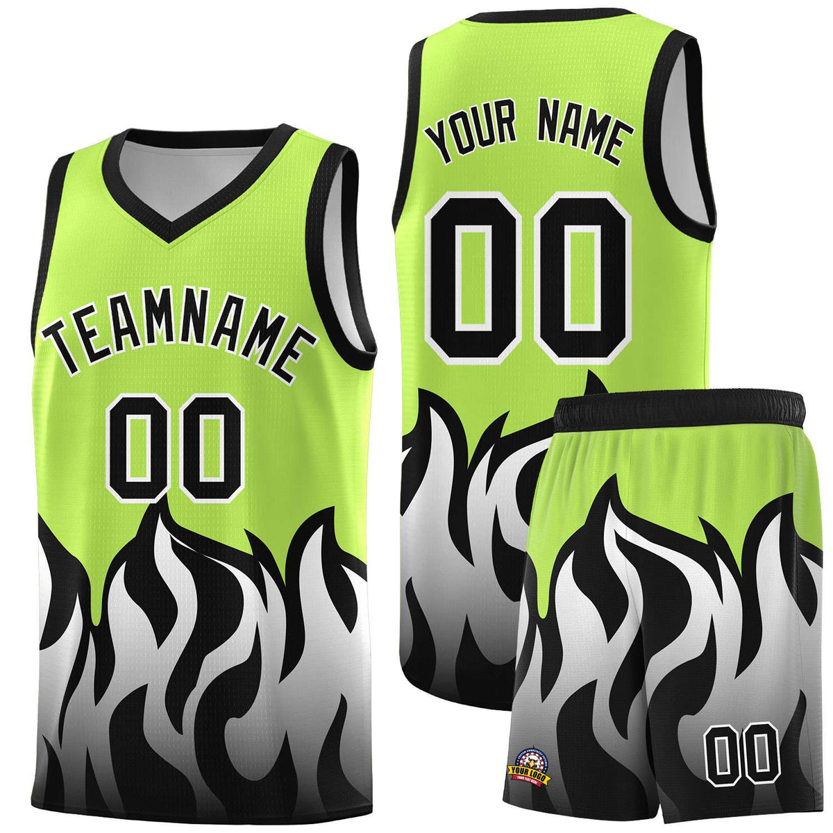 Custom Neon Green Black Hem Flame Pattern Fashion Sports Uniform Basketball jersey