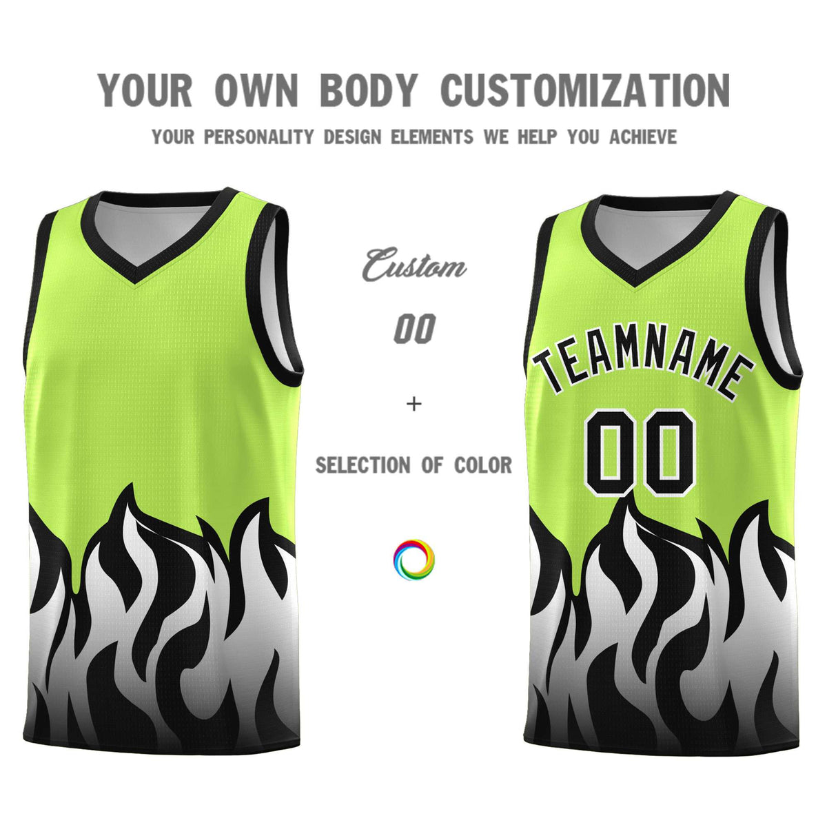 Custom Neon Green Black Hem Flame Pattern Fashion Sports Uniform Basketball jersey