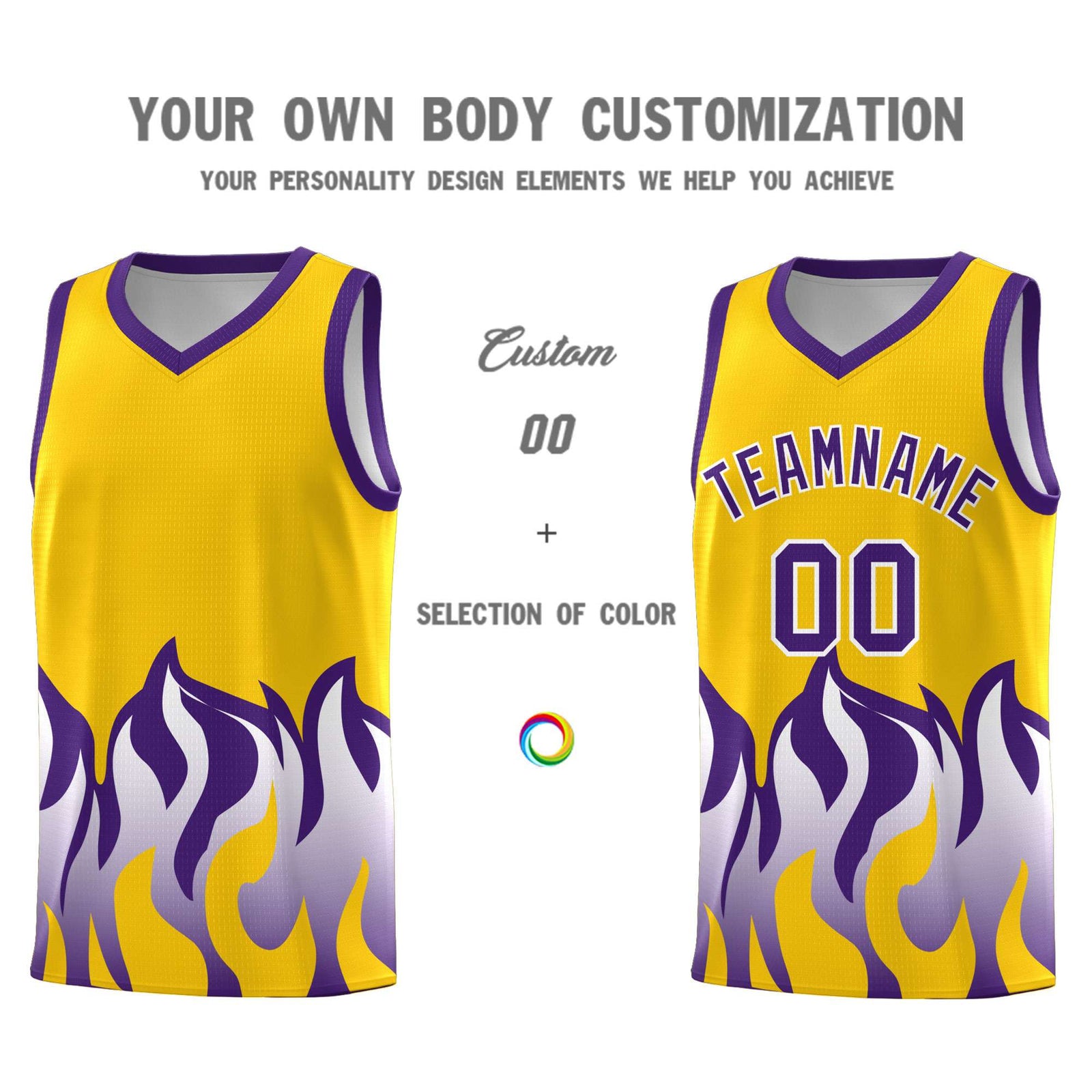 Custom Yellow Purple Hem Flame Pattern Fashion Sports Uniform Basketball jersey