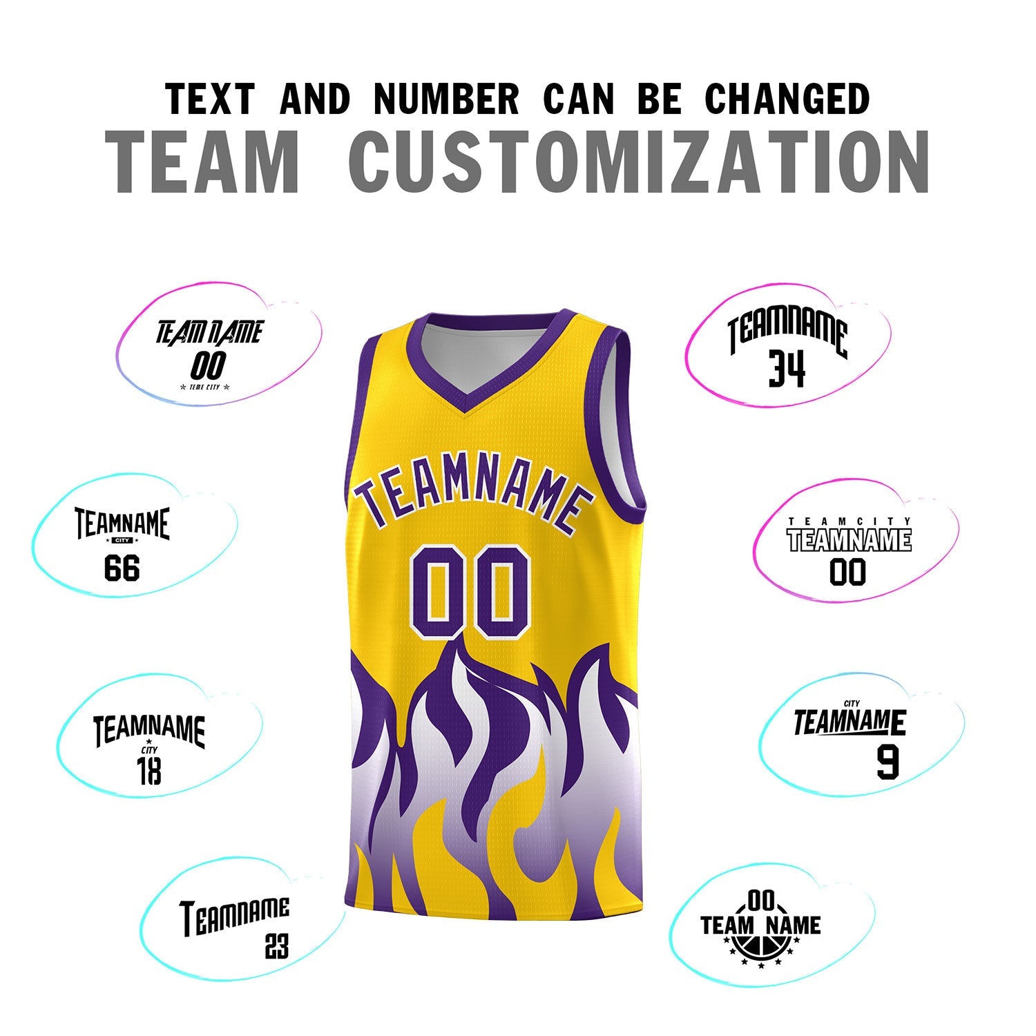 Custom Yellow Purple Hem Flame Pattern Fashion Sports Uniform Basketball jersey