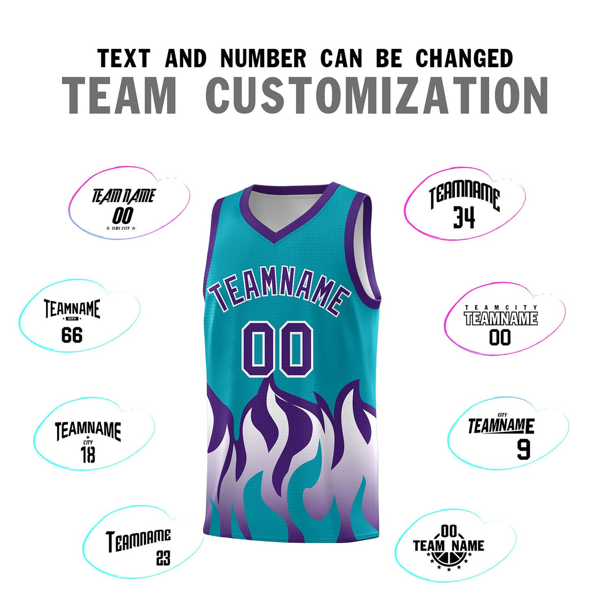 Custom Aqua Purple Hem Flame Pattern Fashion Sports Uniform Basketball jersey