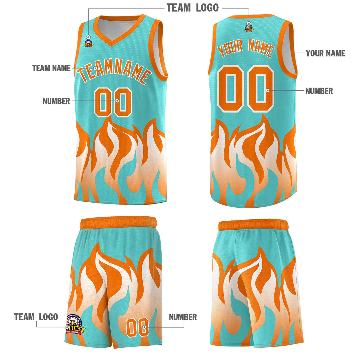 Custom Bright Green Orange Hem Flame Pattern Fashion Sports Uniform Basketball jersey