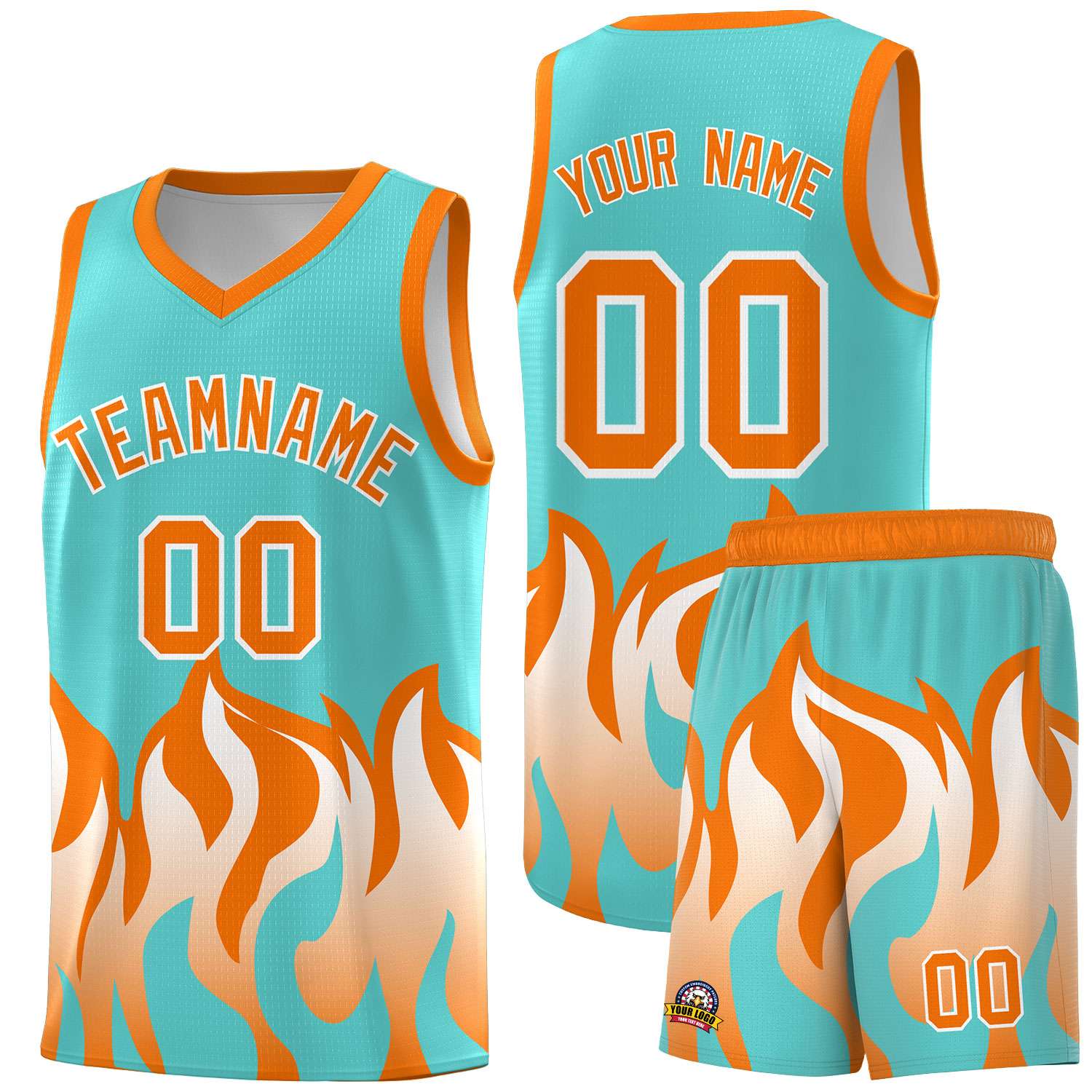 Custom Bright Green Orange Hem Flame Pattern Fashion Sports Uniform Basketball jersey