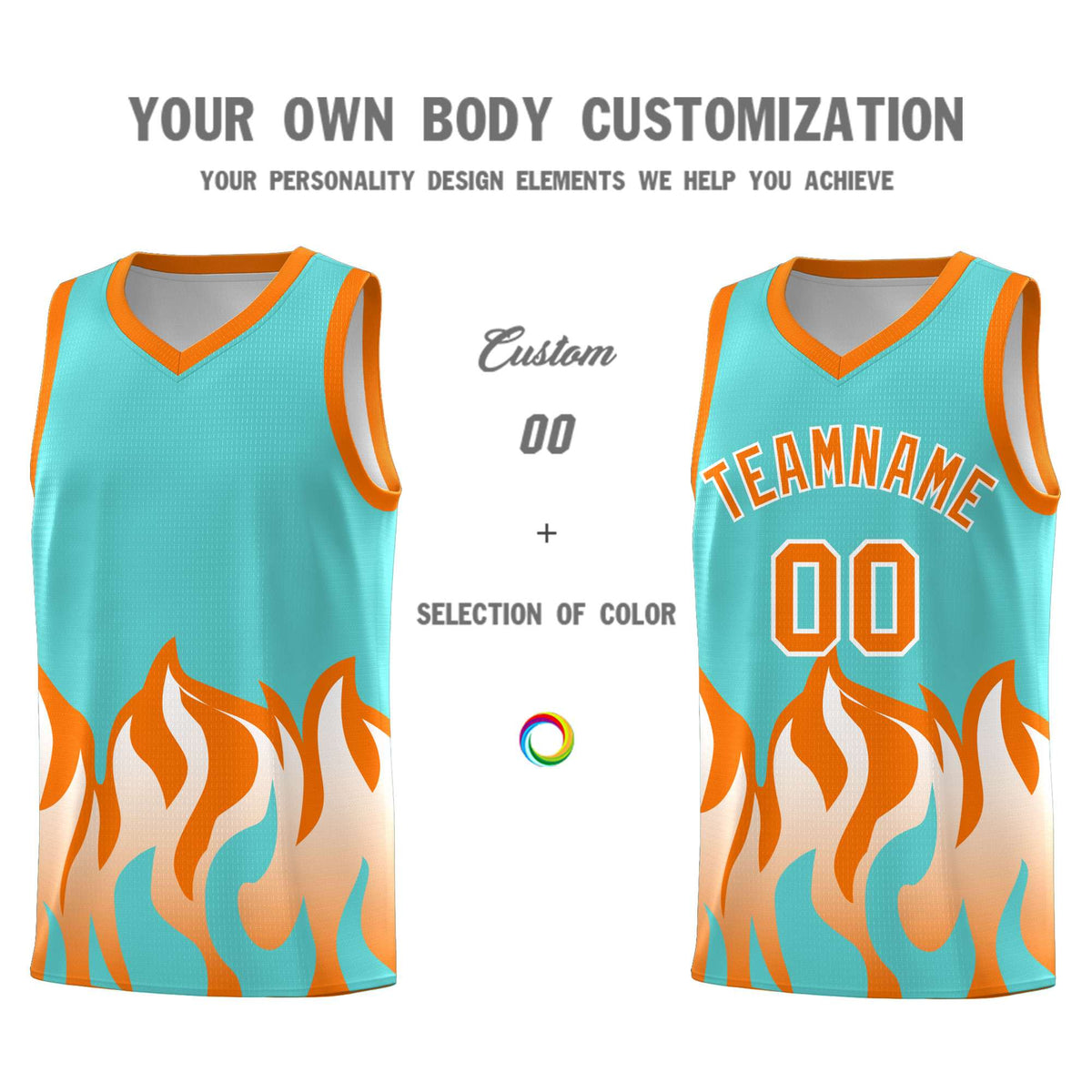 Custom Bright Green Orange Hem Flame Pattern Fashion Sports Uniform Basketball jersey