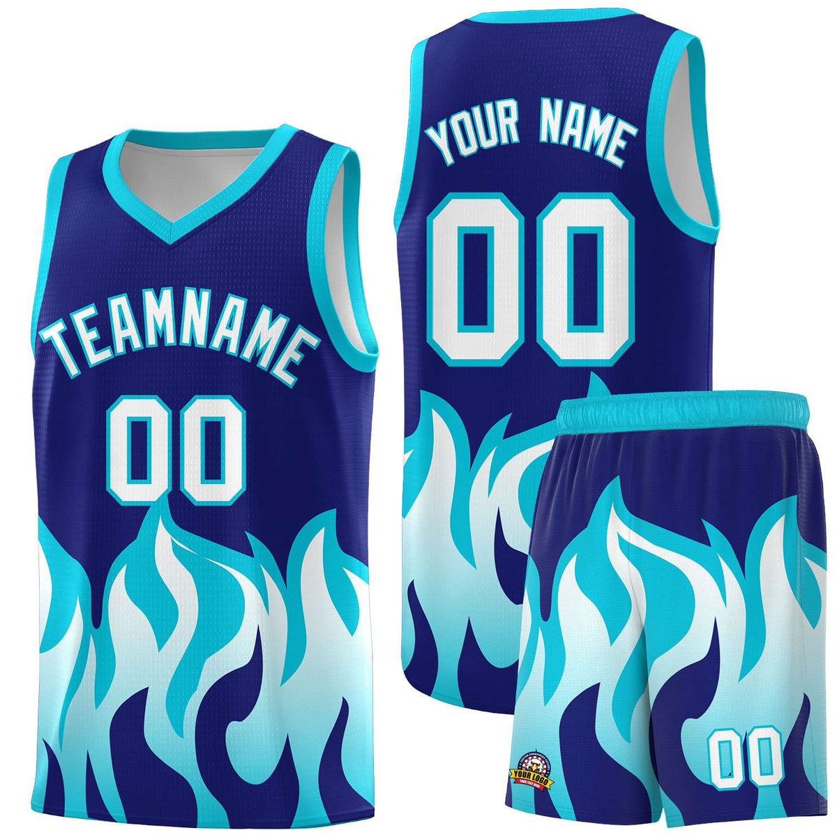 Custom Royal Sky Blue Hem Flame Pattern Fashion Sports Uniform Basketball jersey