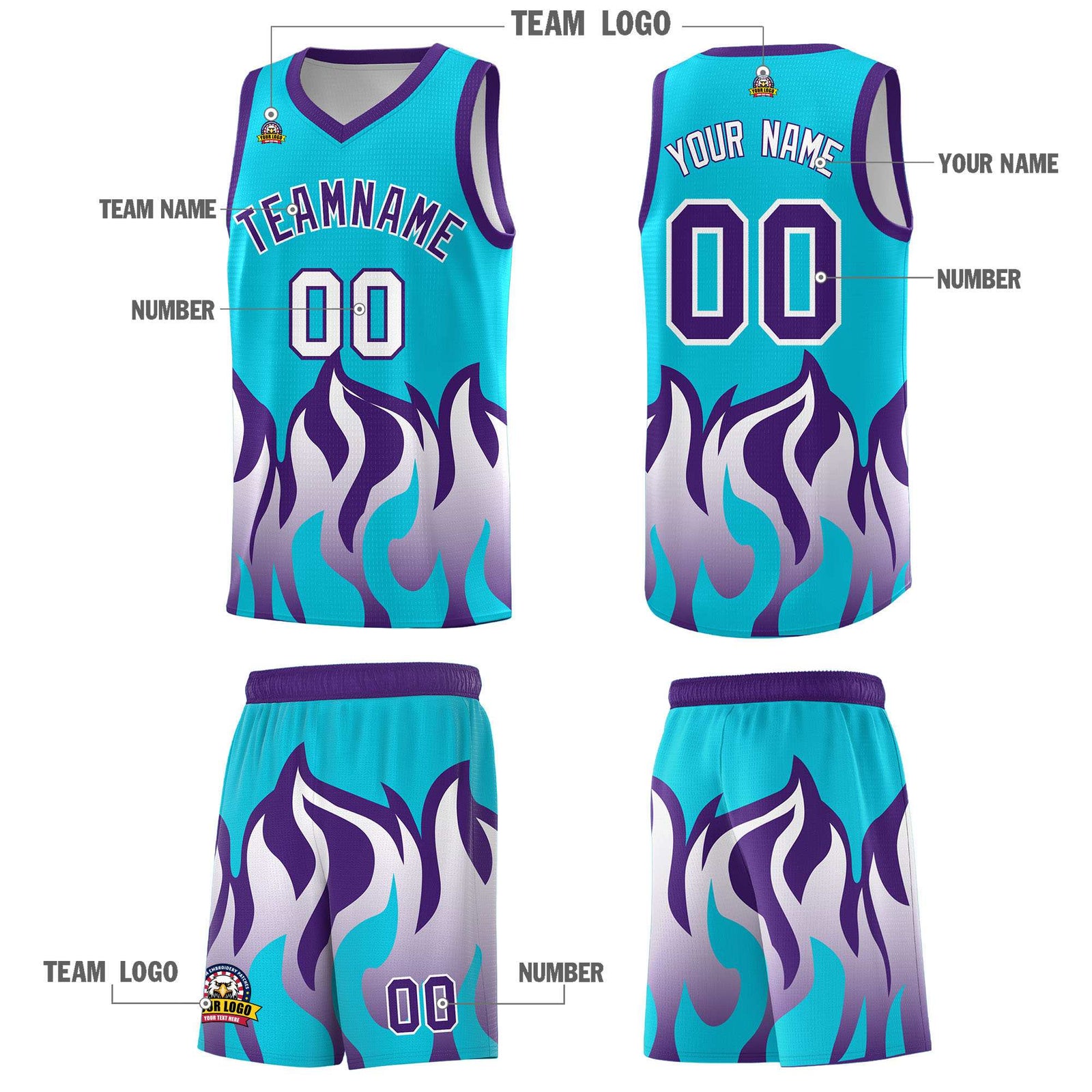 Custom Sky Blue Purple Hem Flame Pattern Fashion Sports Uniform Basketball jersey