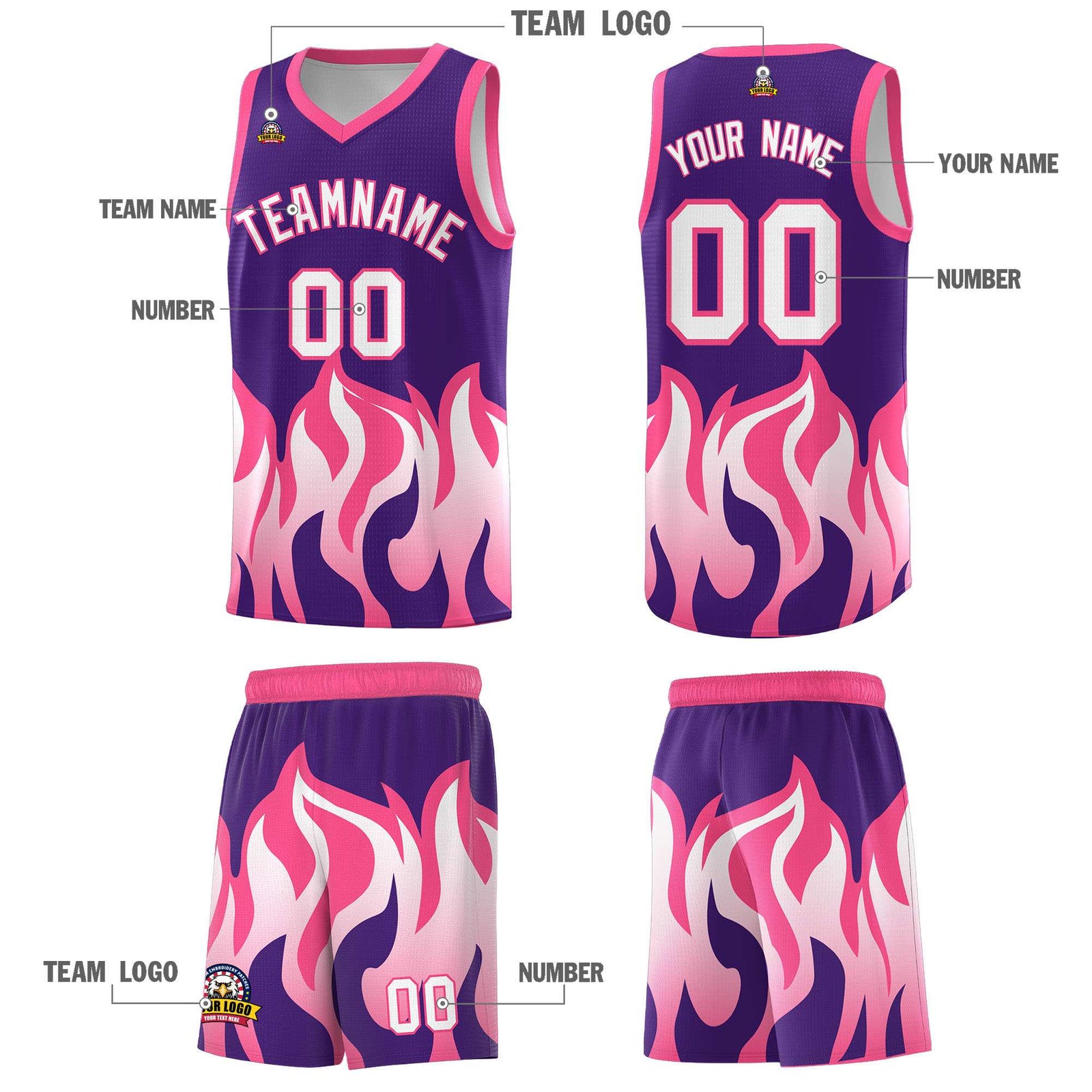 Custom Purple Pink Hem Flame Pattern Fashion Sports Uniform Basketball jersey