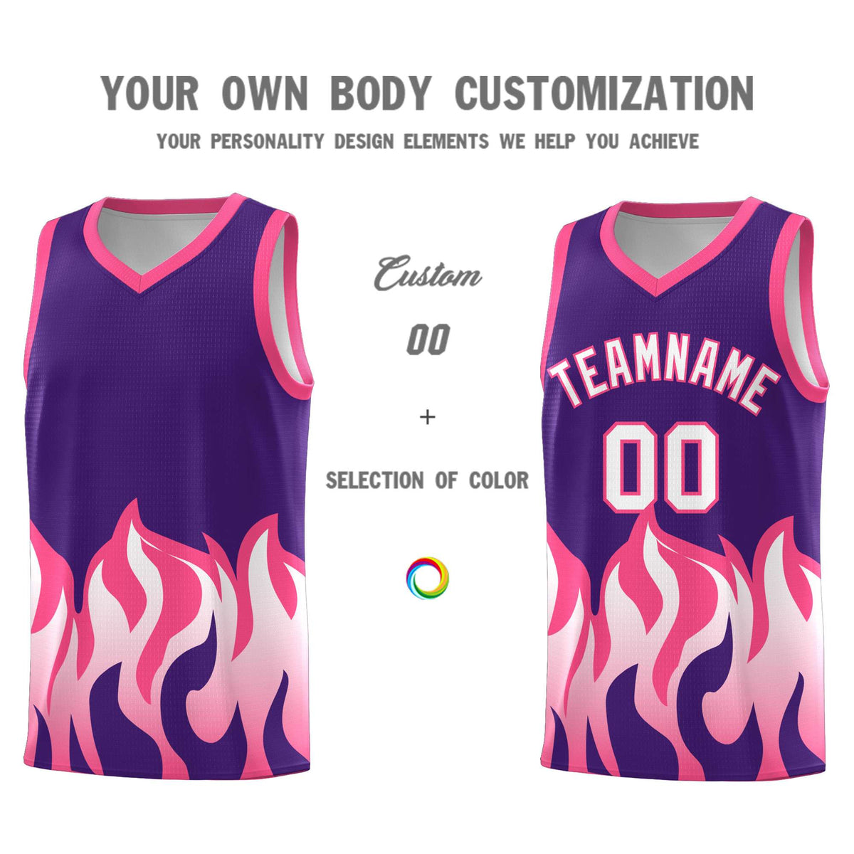 Custom Purple Pink Hem Flame Pattern Fashion Sports Uniform Basketball jersey