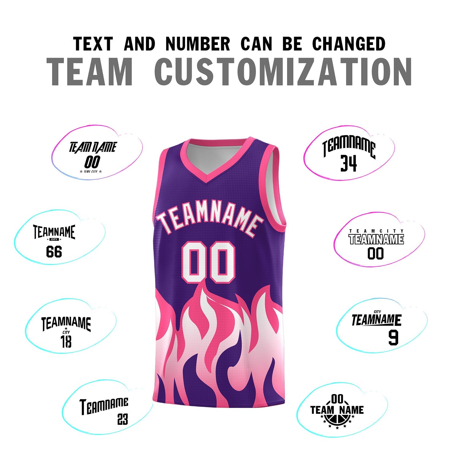 Custom Purple Pink Hem Flame Pattern Fashion Sports Uniform Basketball jersey