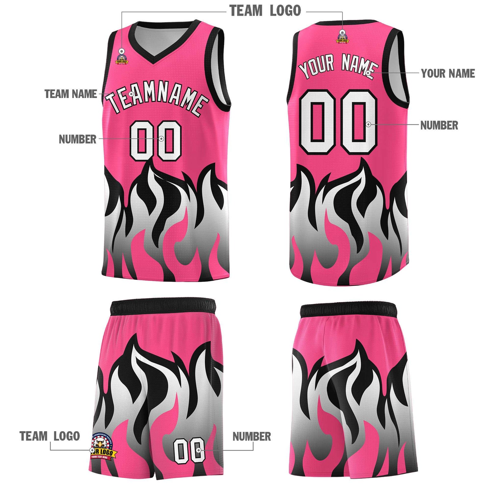 Custom Pink Black Hem Flame Pattern Fashion Sports Uniform Basketball jersey