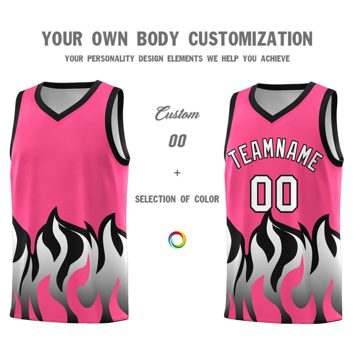 Custom Pink Black Hem Flame Pattern Fashion Sports Uniform Basketball jersey