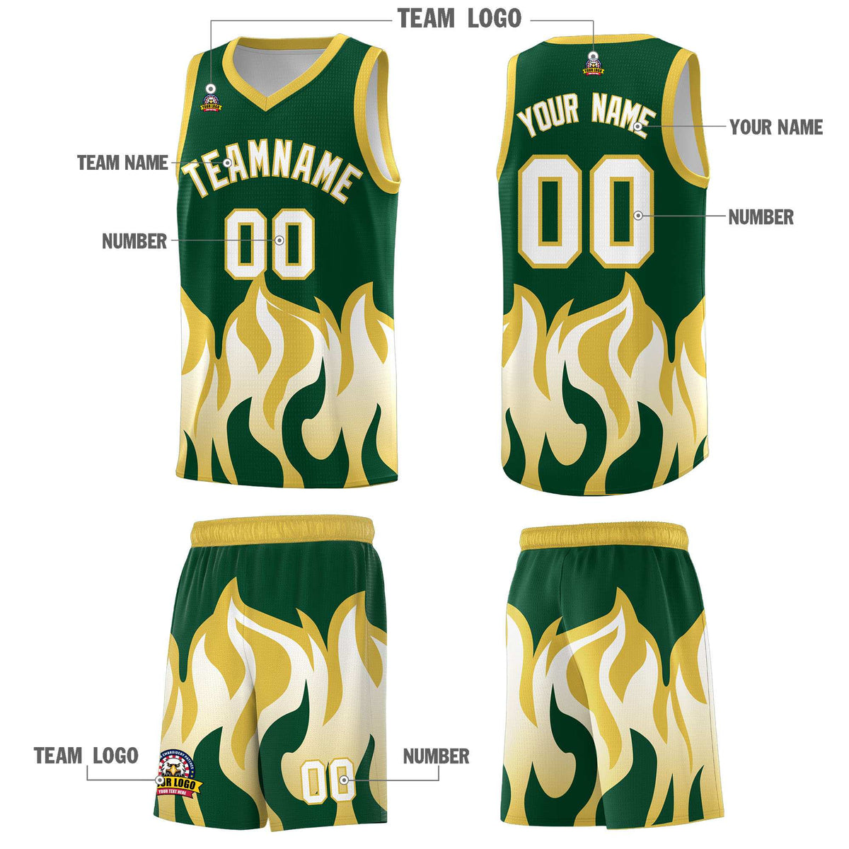Custom Kelly Green Old Gold Hem Flame Pattern Fashion Sports Uniform Basketball jersey