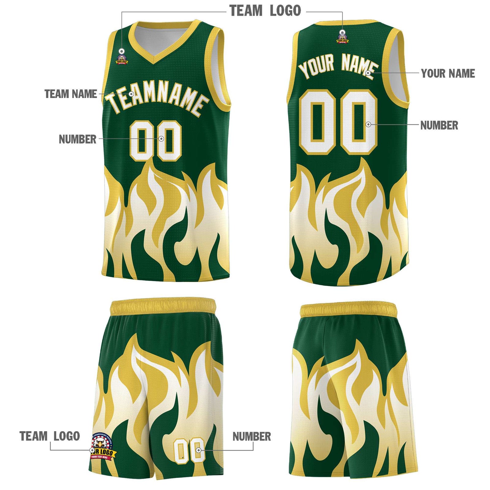 Custom Kelly Green Old Gold Hem Flame Pattern Fashion Sports Uniform Basketball jersey