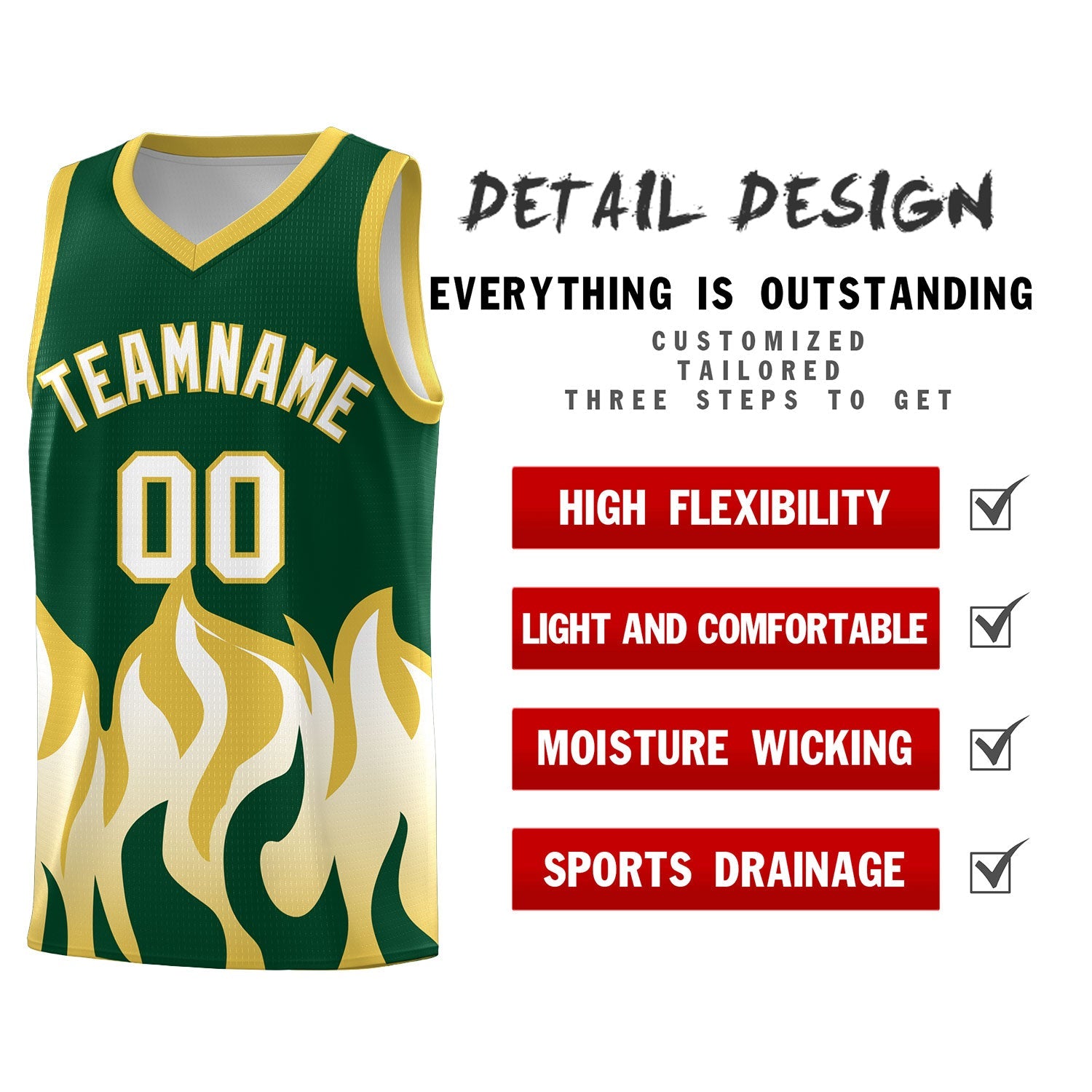 Custom Kelly Green Old Gold Hem Flame Pattern Fashion Sports Uniform Basketball jersey