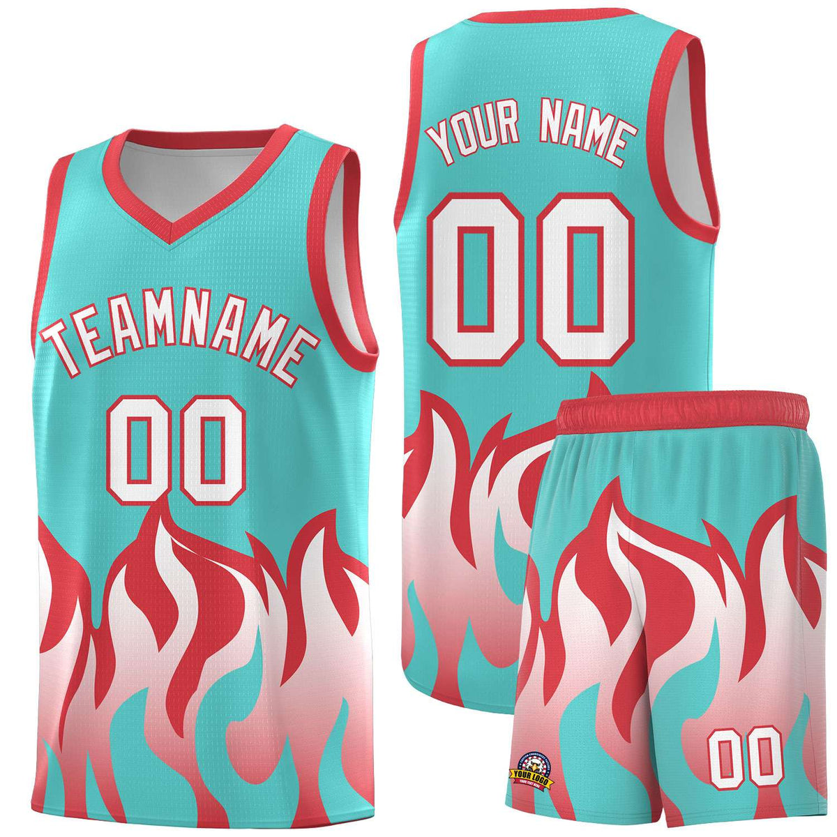 Custom Bright Green Light Red Hem Flame Pattern Fashion Sports Uniform Basketball jersey