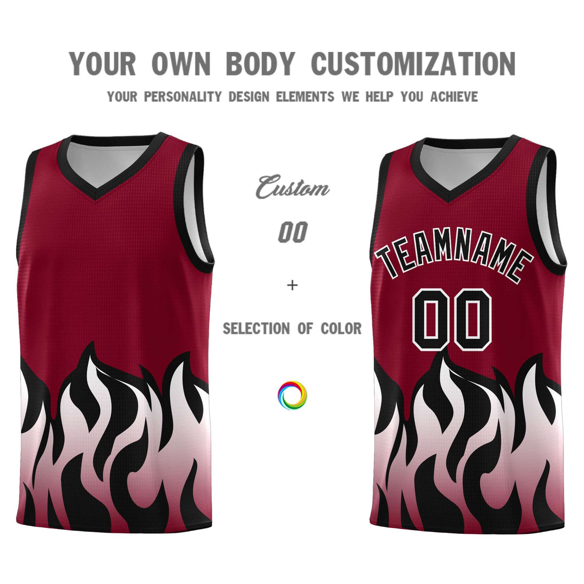 Custom Crimson Black Hem Flame Pattern Fashion Sports Uniform Basketball jersey