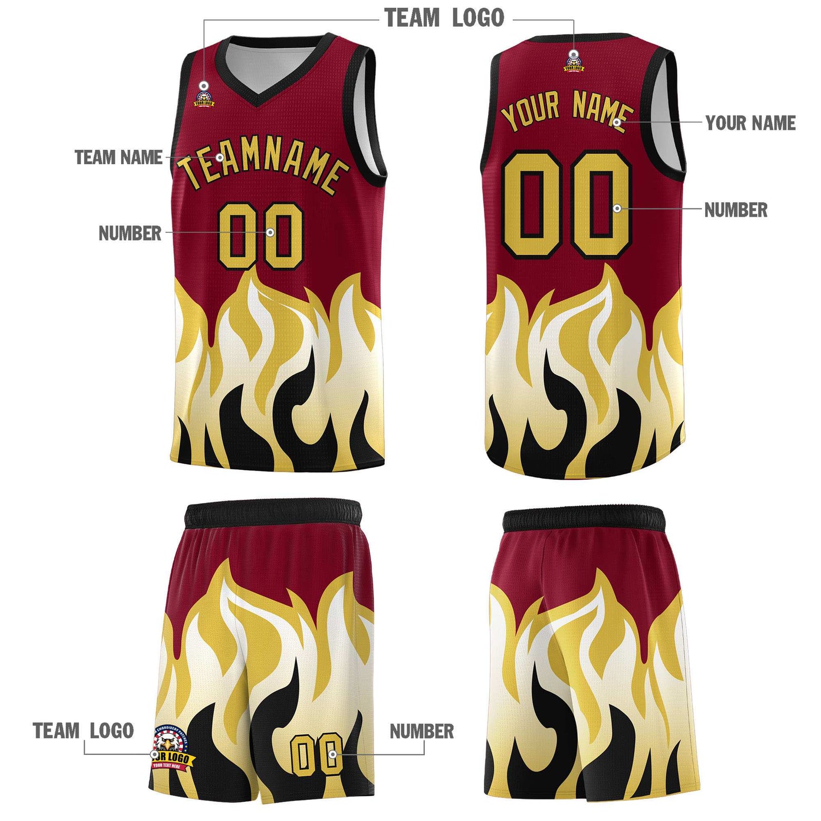 Custom Crimson Old Gold Hem Flame Pattern Fashion Sports Uniform Basketball jersey
