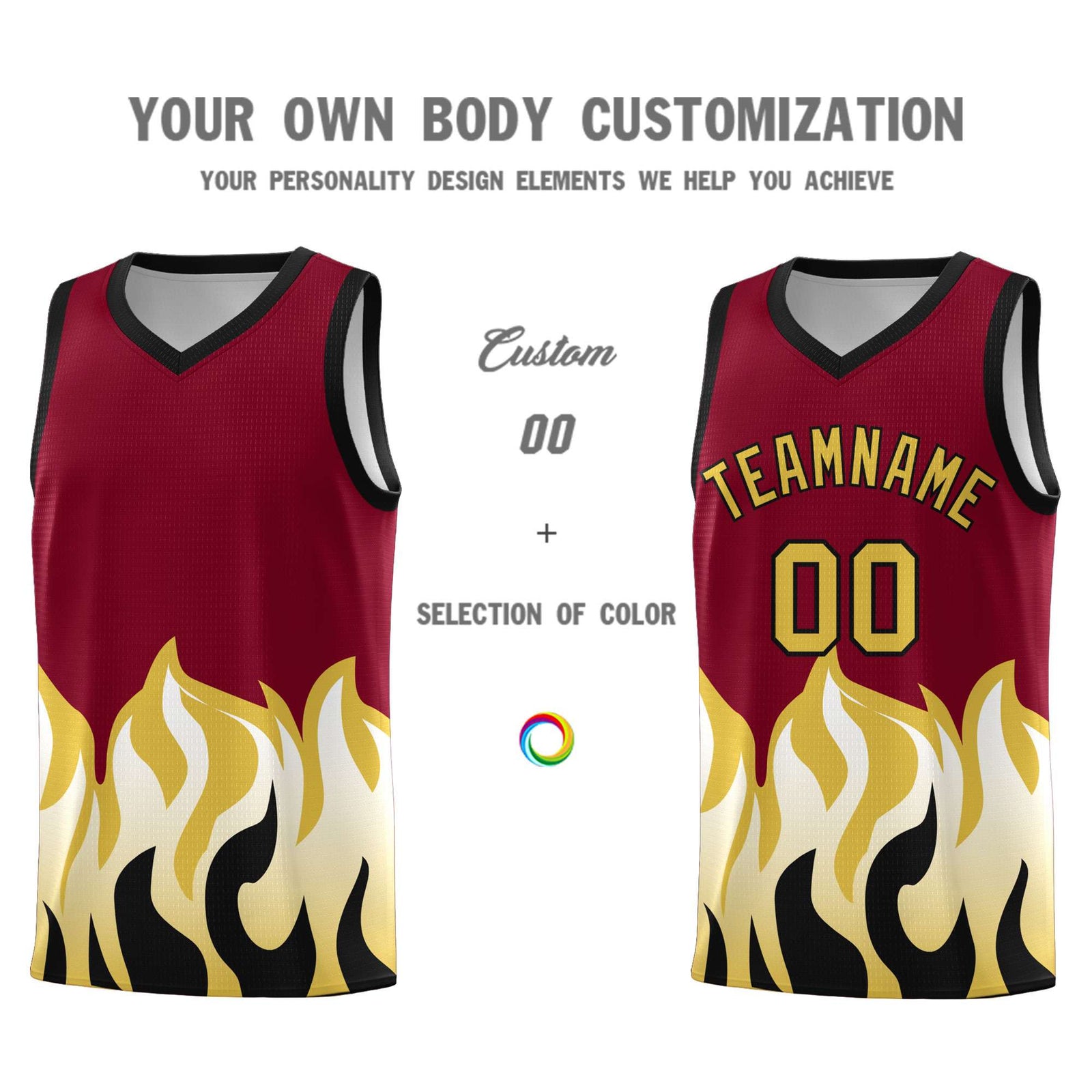 Custom Crimson Old Gold Hem Flame Pattern Fashion Sports Uniform Basketball jersey