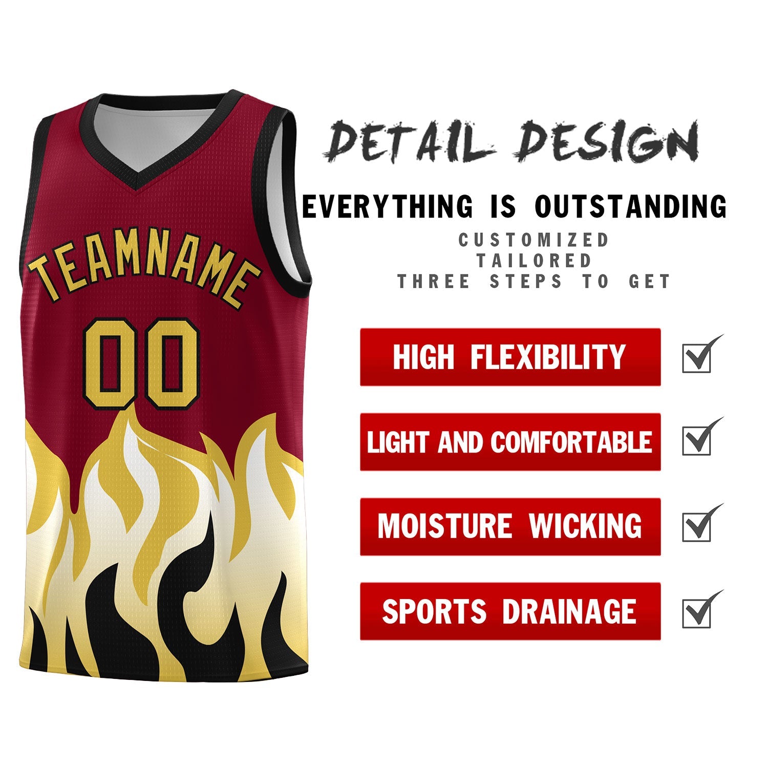Custom Crimson Old Gold Hem Flame Pattern Fashion Sports Uniform Basketball jersey