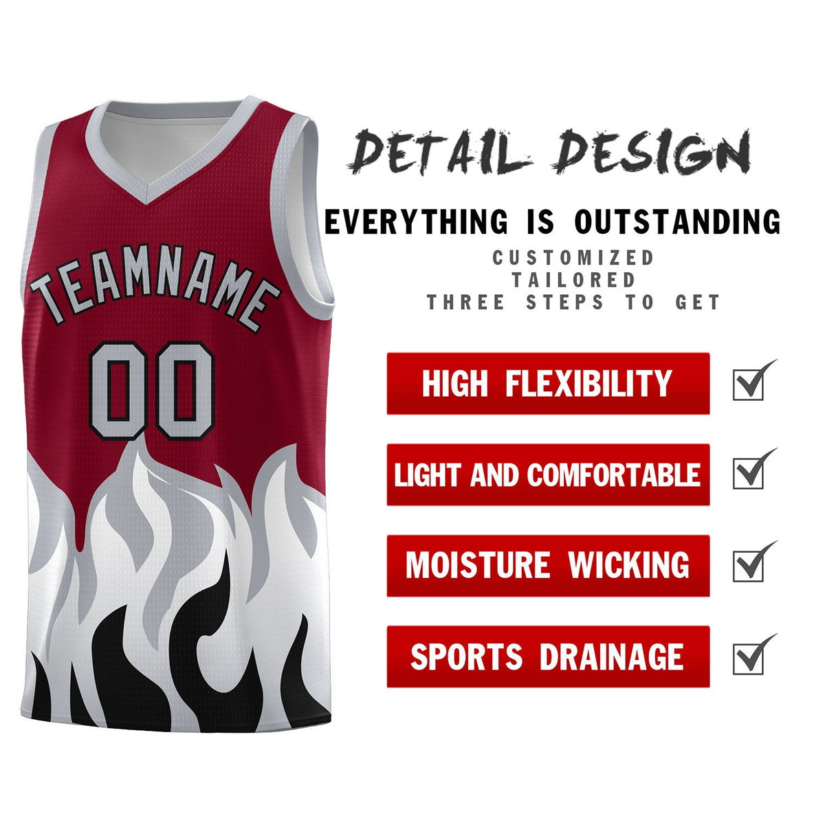 Custom Crimson Gray Hem Flame Pattern Fashion Sports Uniform Basketball jersey