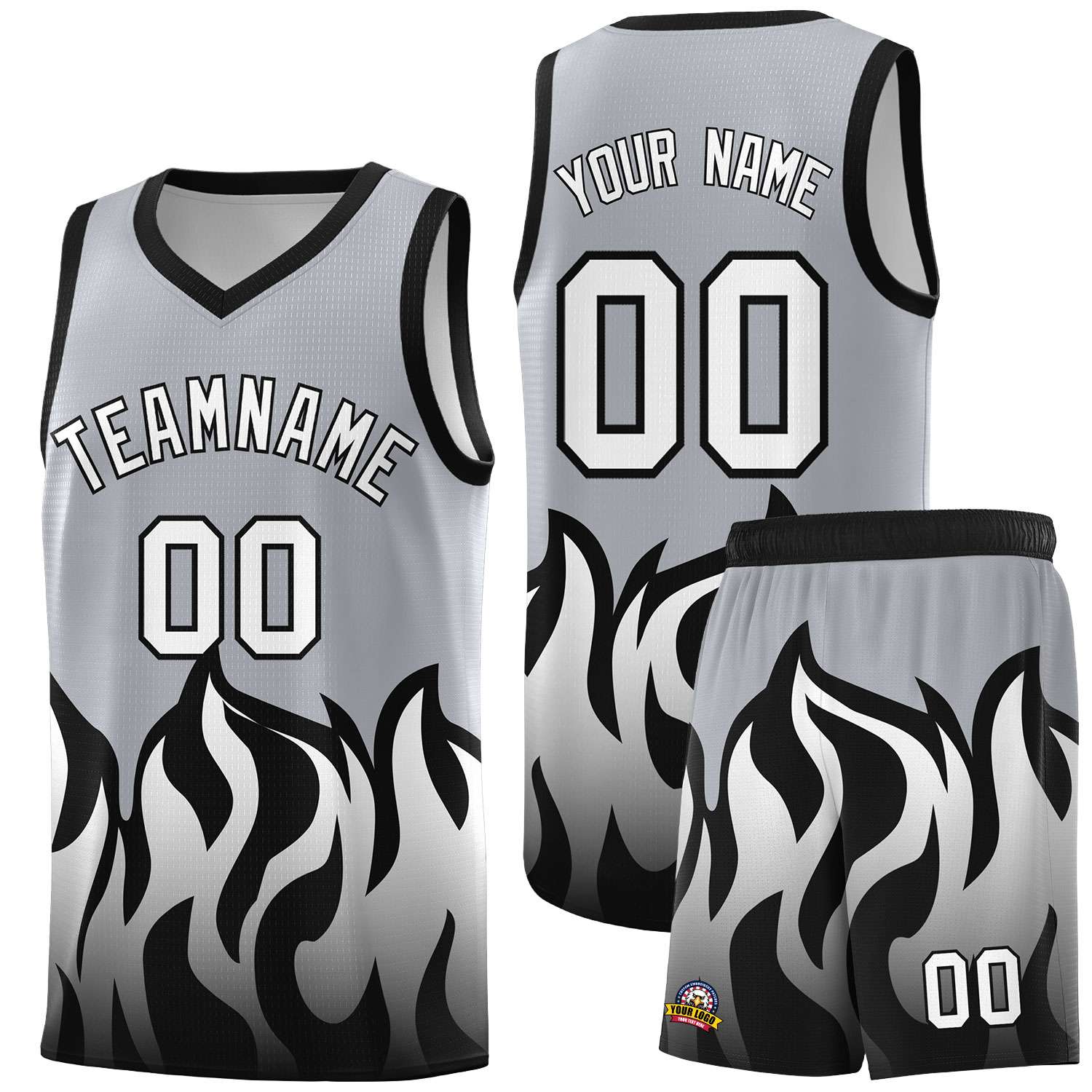 Custom Gray Black Hem Flame Pattern Fashion Sports Uniform Basketball jersey