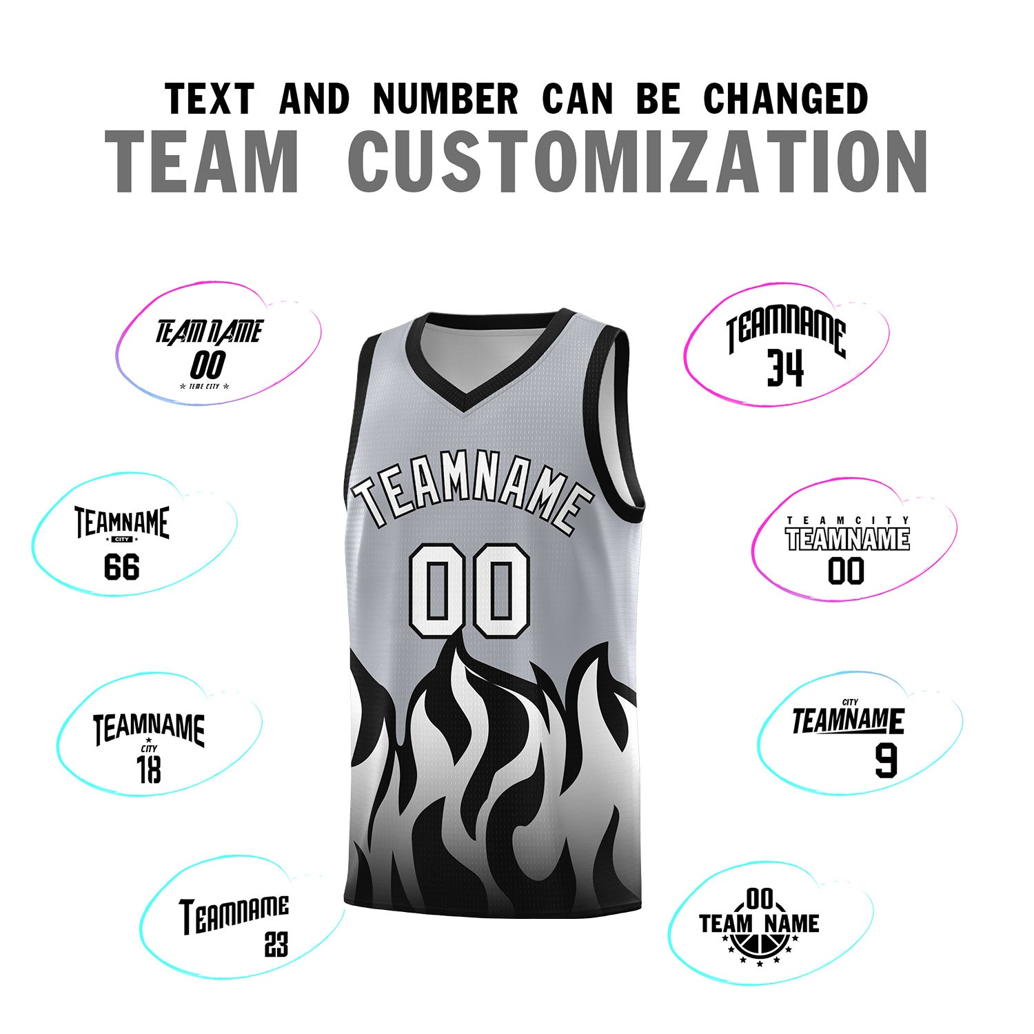 Custom Gray Black Hem Flame Pattern Fashion Sports Uniform Basketball jersey