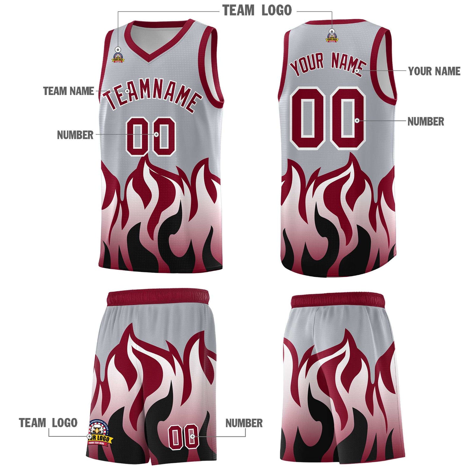 Custom Gray Crimson Hem Flame Pattern Fashion Sports Uniform Basketball jersey
