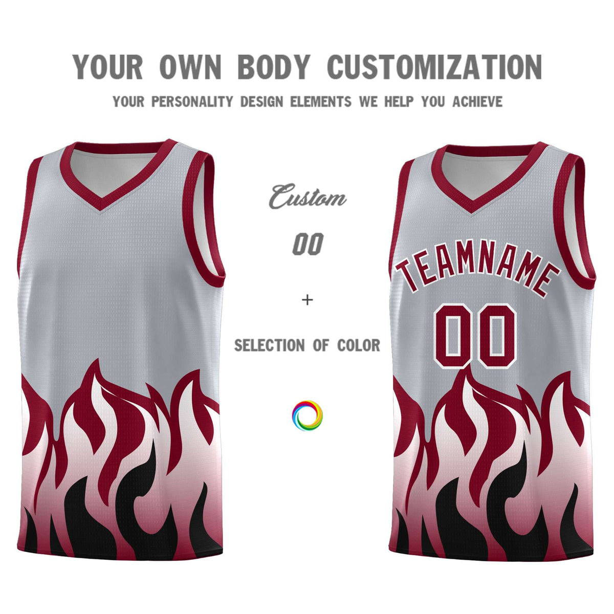 Custom Gray Crimson Hem Flame Pattern Fashion Sports Uniform Basketball jersey