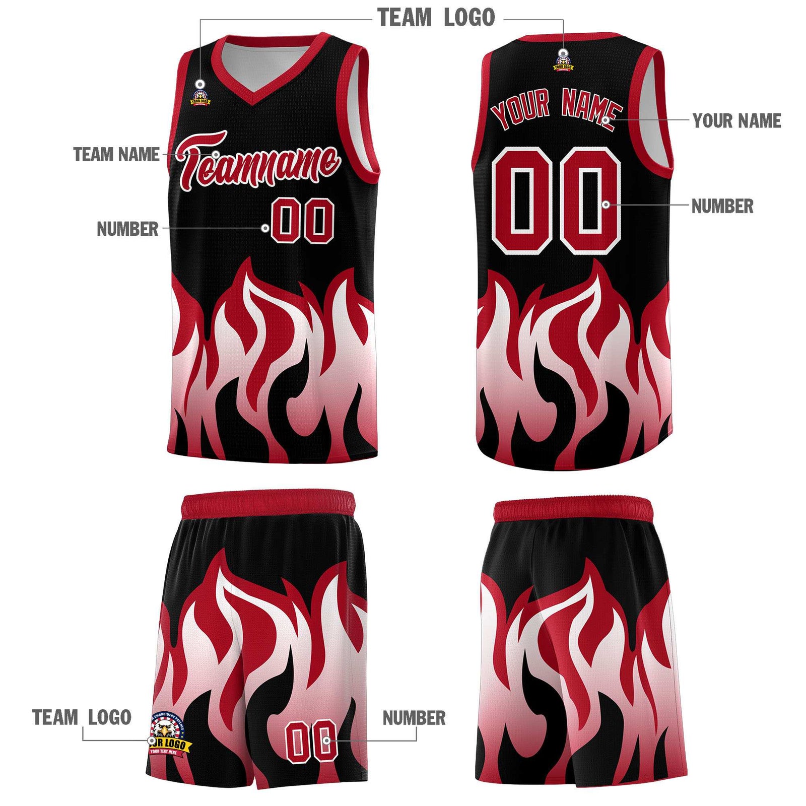 Custom Black Red Hem Flame Pattern Fashion Sports Uniform Basketball jersey