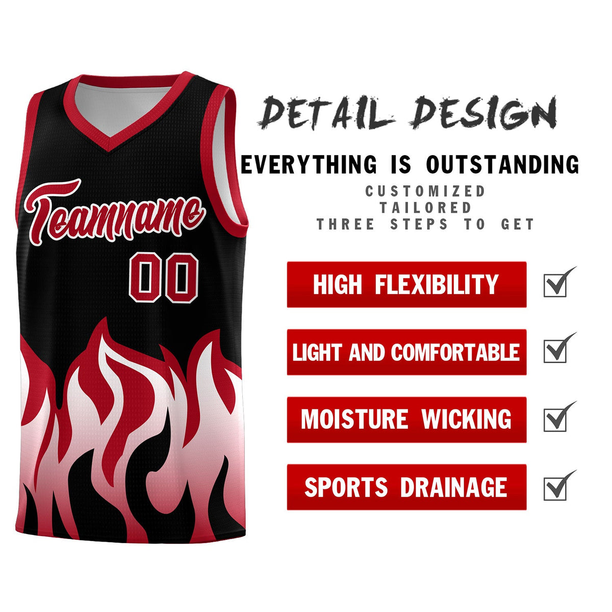 Custom Black Red Hem Flame Pattern Fashion Sports Uniform Basketball jersey