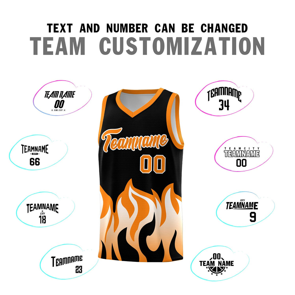 Custom Black Orange Hem Flame Pattern Fashion Sports Uniform Basketball jersey
