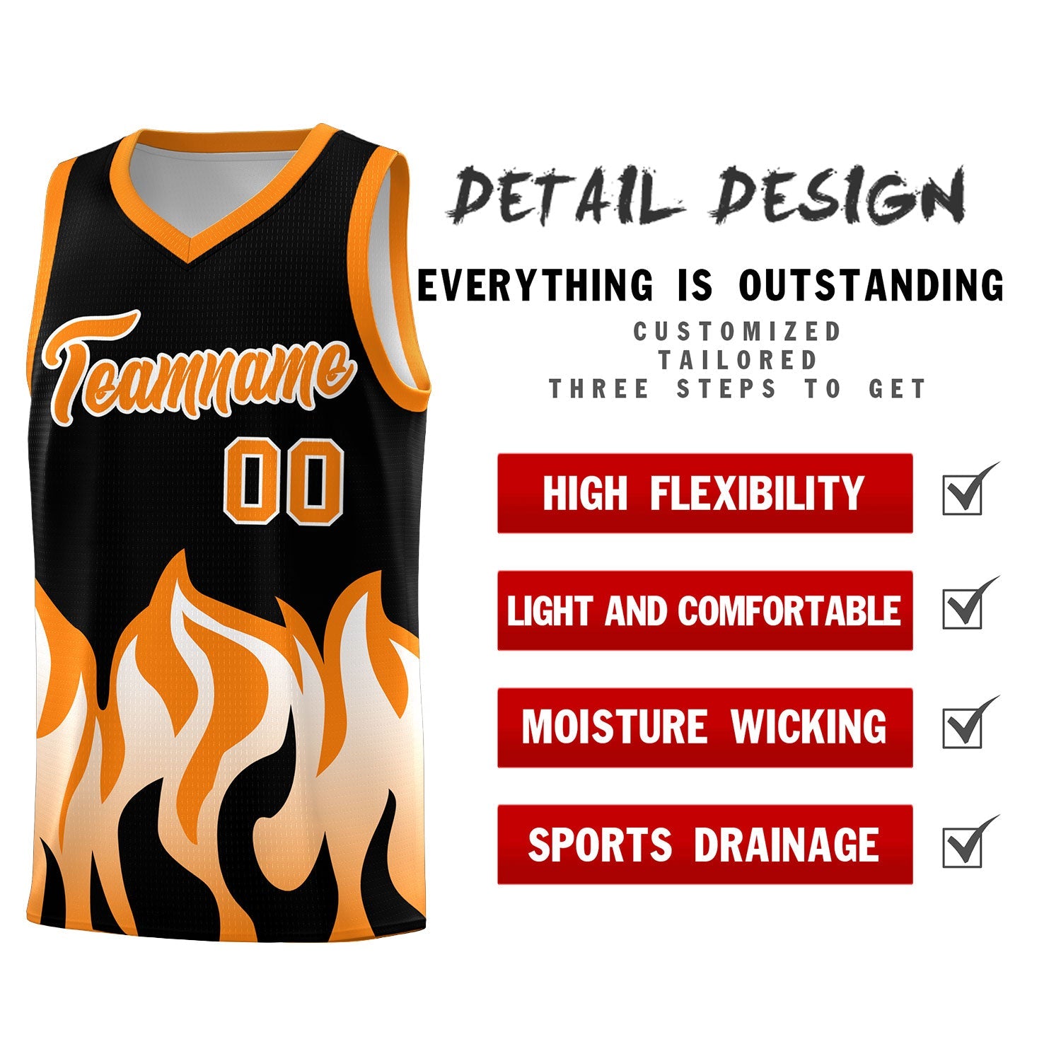 Custom Black Orange Hem Flame Pattern Fashion Sports Uniform Basketball jersey