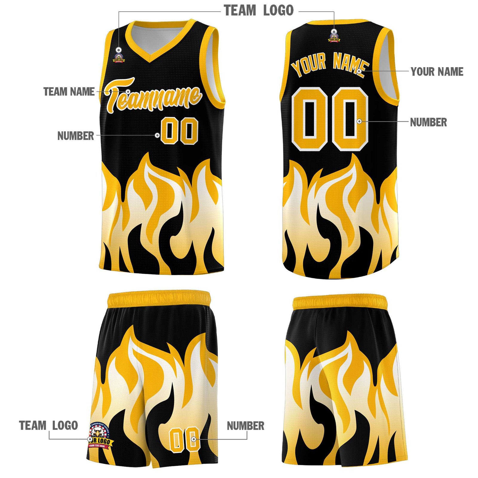 Custom Black Yellow Hem Flame Pattern Fashion Sports Uniform Basketball jersey
