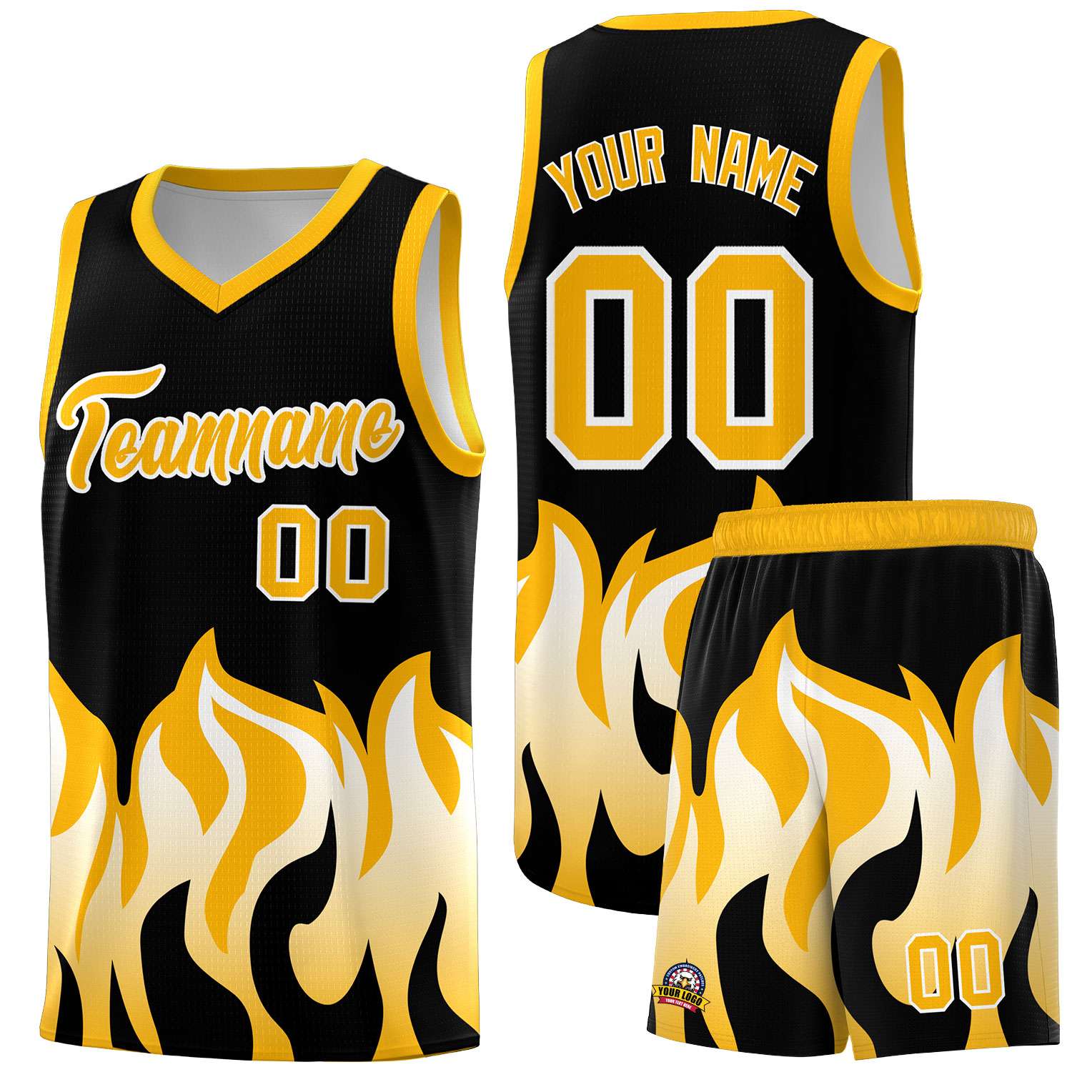 Custom Black Yellow Hem Flame Pattern Fashion Sports Uniform Basketball jersey