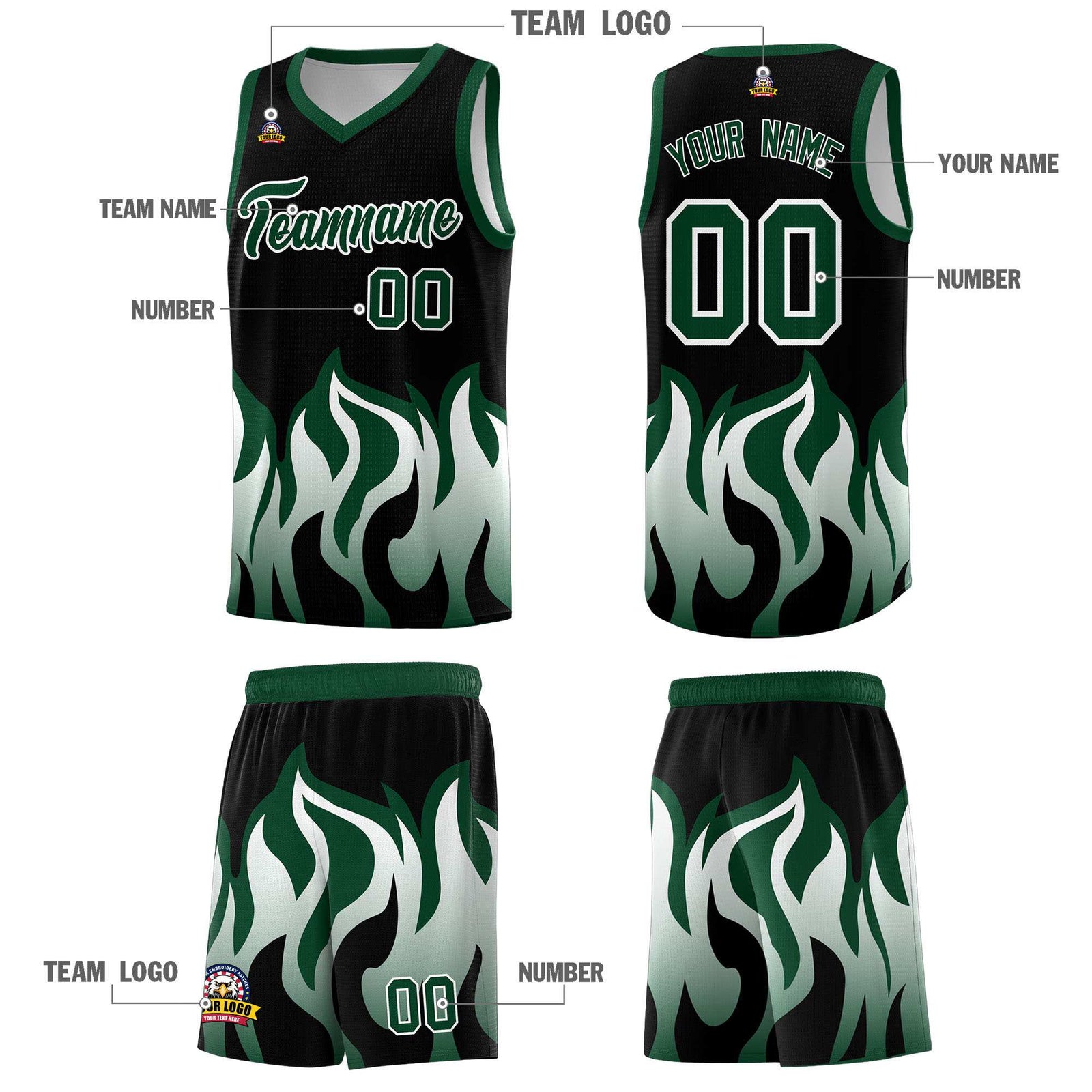 Custom Black Hunter Green Hem Flame Pattern Fashion Sports Uniform Basketball jersey