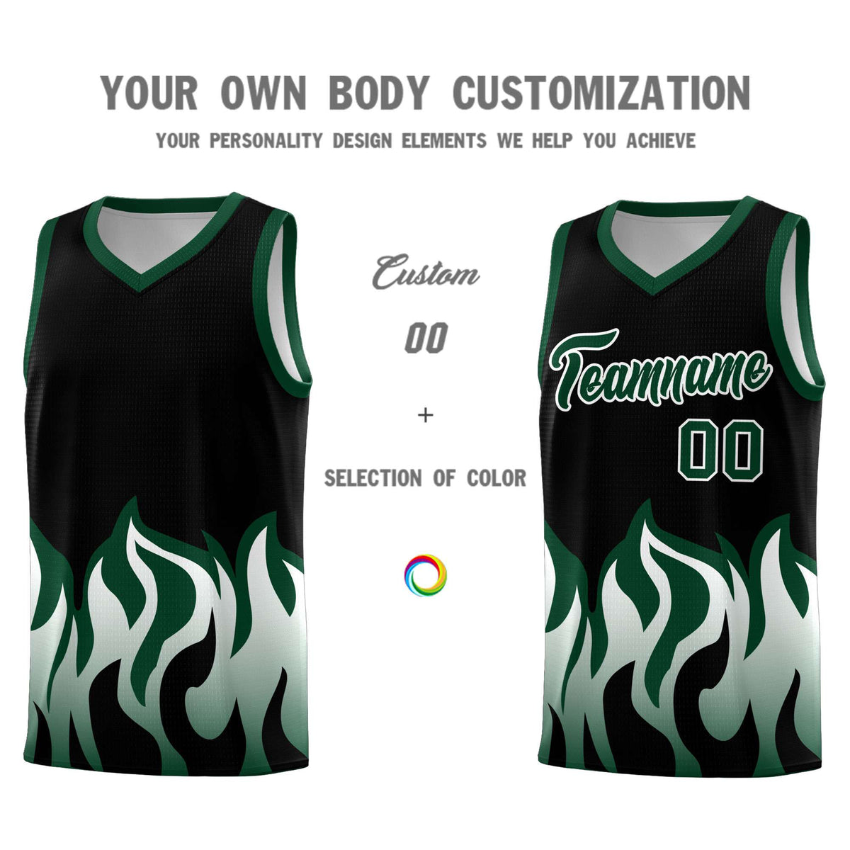Custom Black Hunter Green Hem Flame Pattern Fashion Sports Uniform Basketball jersey