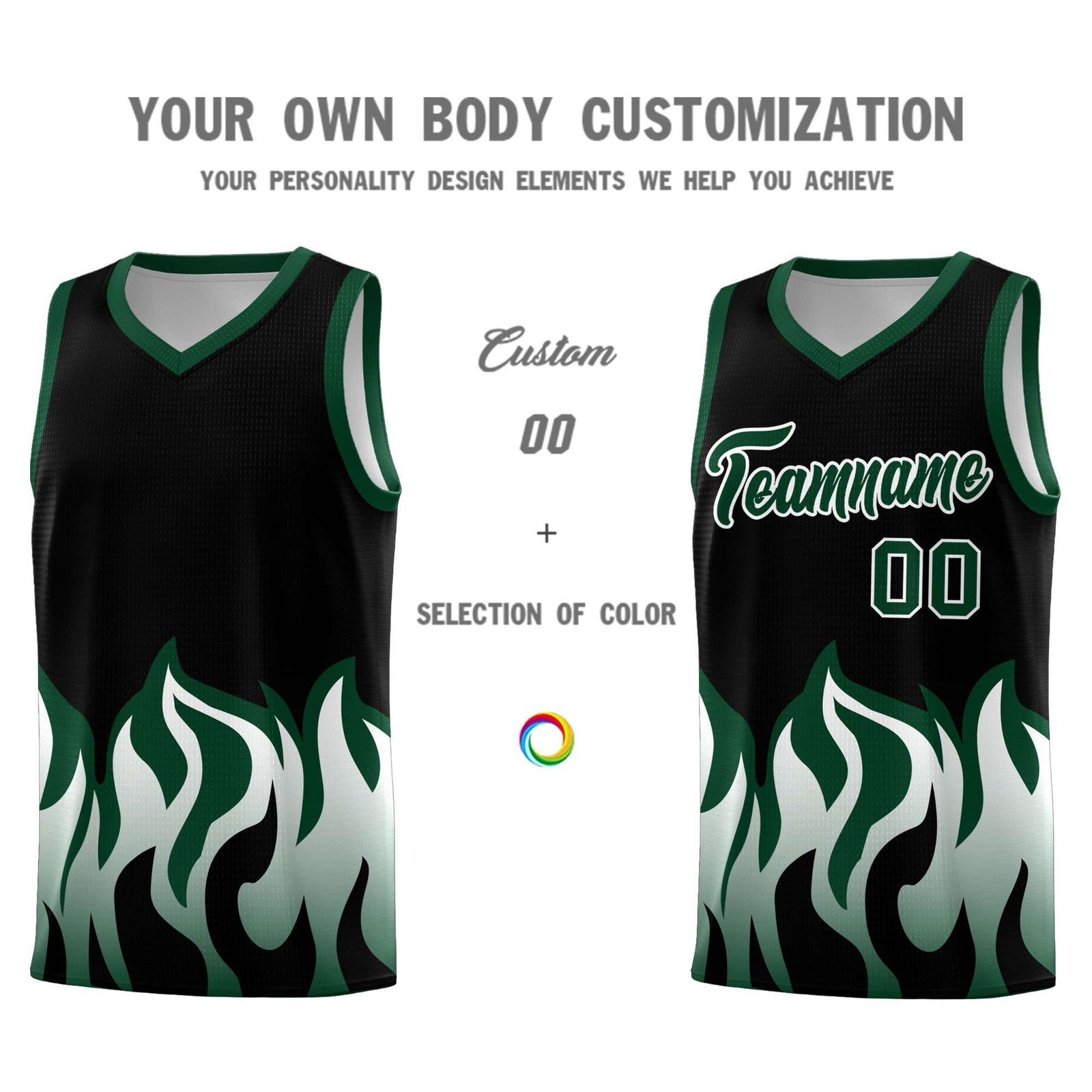 Custom Black Hunter Green Hem Flame Pattern Fashion Sports Uniform Basketball jersey