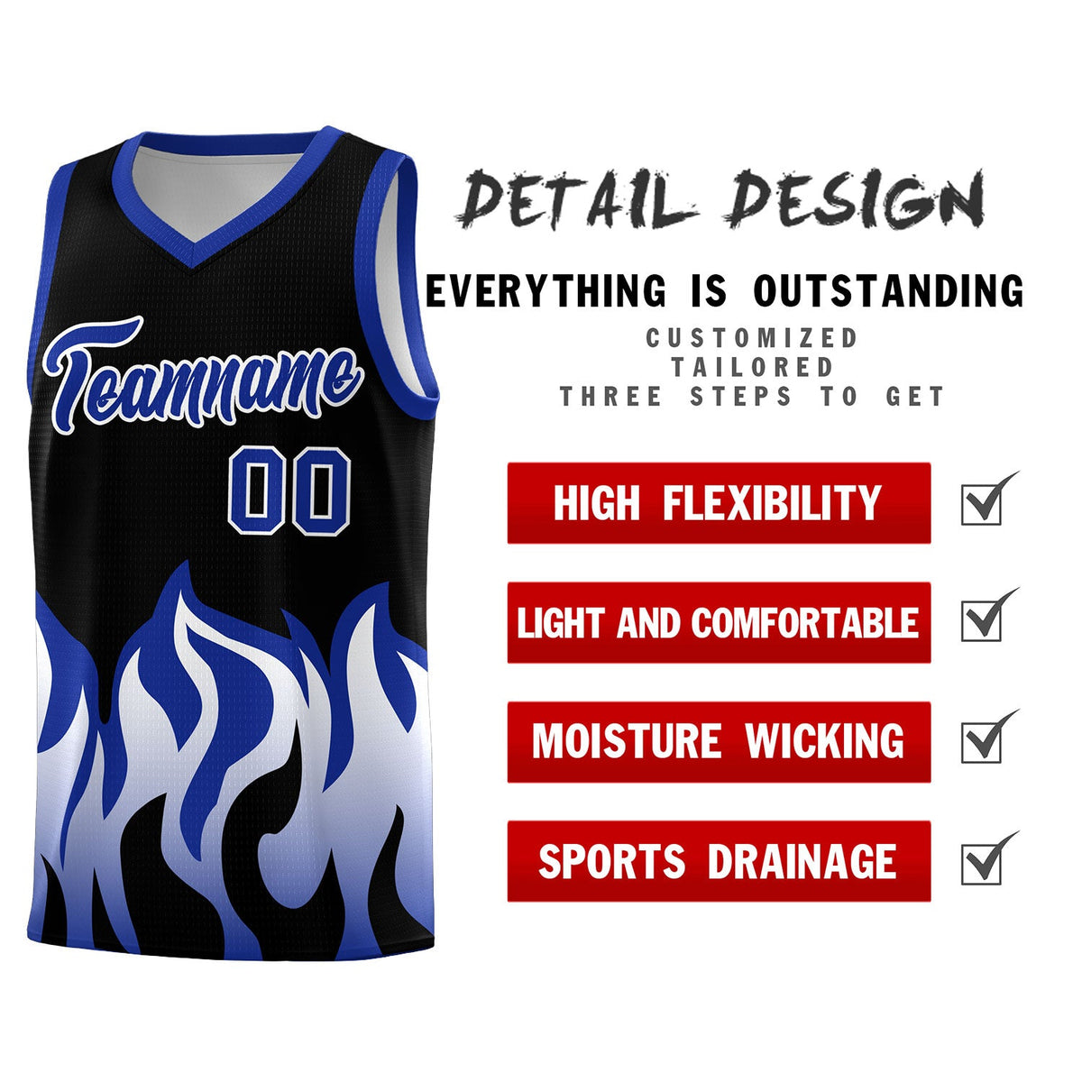 Custom Black Royal Hem Flame Pattern Fashion Sports Uniform Basketball jersey