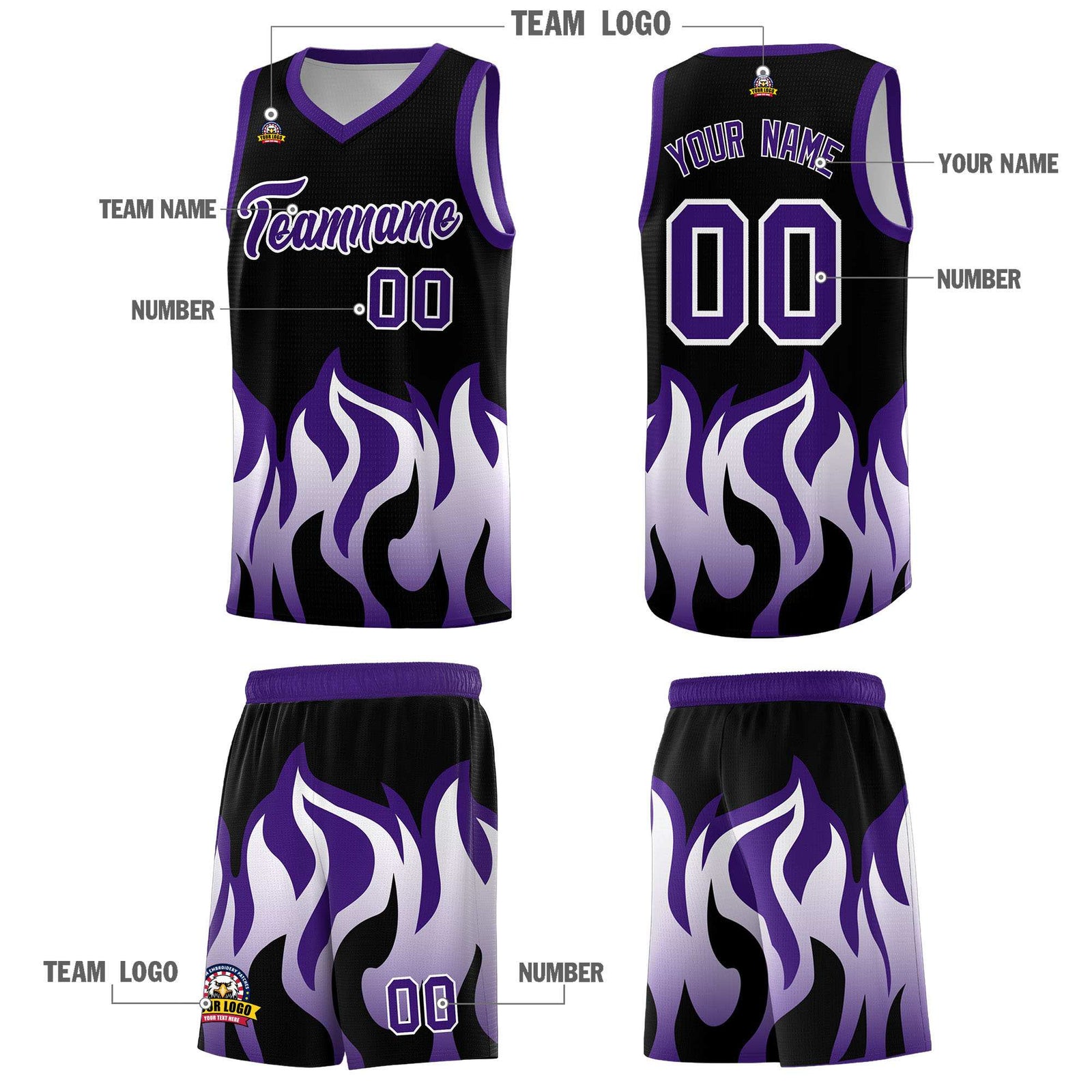 Custom Black Purple Hem Flame Pattern Fashion Sports Uniform Basketball jersey