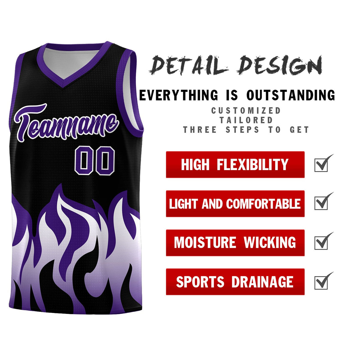 Custom Black Purple Hem Flame Pattern Fashion Sports Uniform Basketball jersey