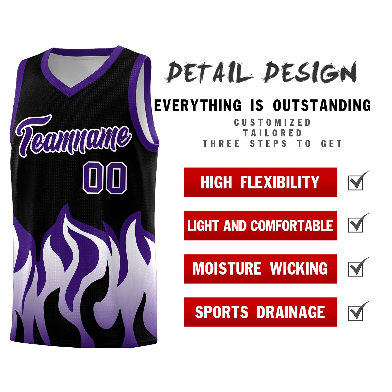 Custom Black Purple Hem Flame Pattern Fashion Sports Uniform Basketball jersey