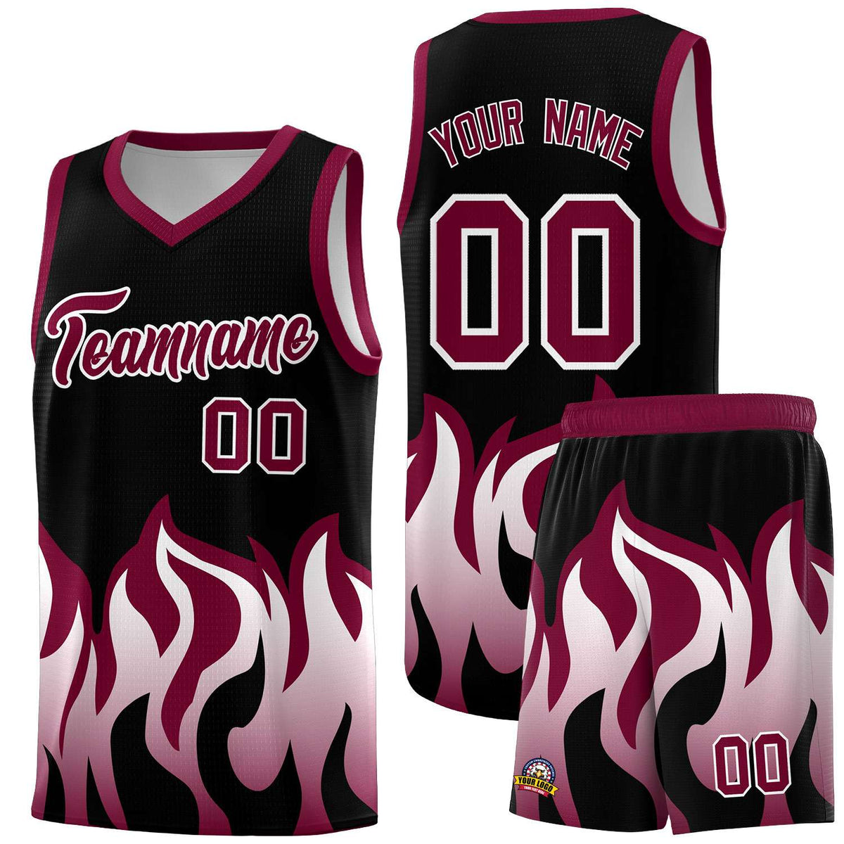 Custom Black Crimson Hem Flame Pattern Fashion Sports Uniform Basketball jersey