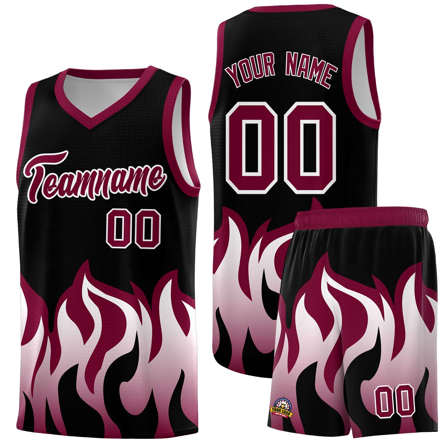 Custom Black Crimson Hem Flame Pattern Fashion Sports Uniform Basketball jersey