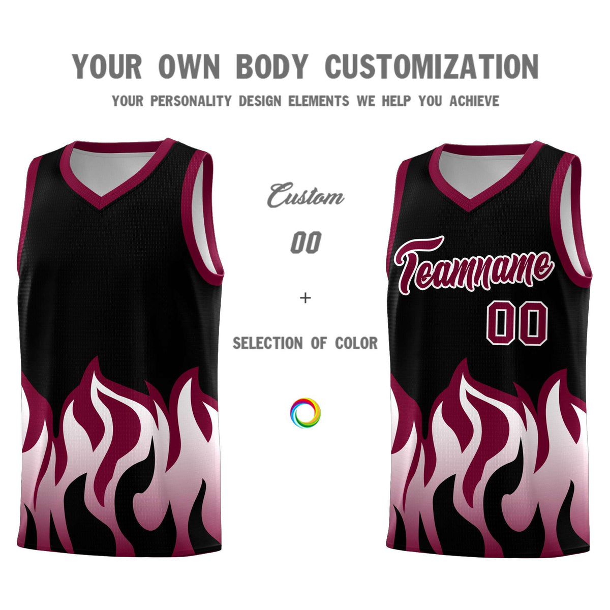 Custom Black Crimson Hem Flame Pattern Fashion Sports Uniform Basketball jersey