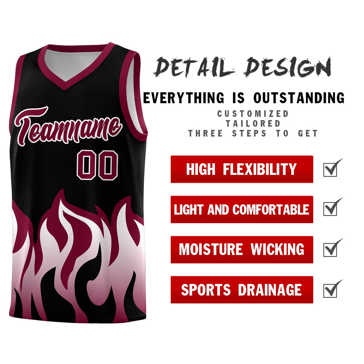 Custom Black Crimson Hem Flame Pattern Fashion Sports Uniform Basketball jersey