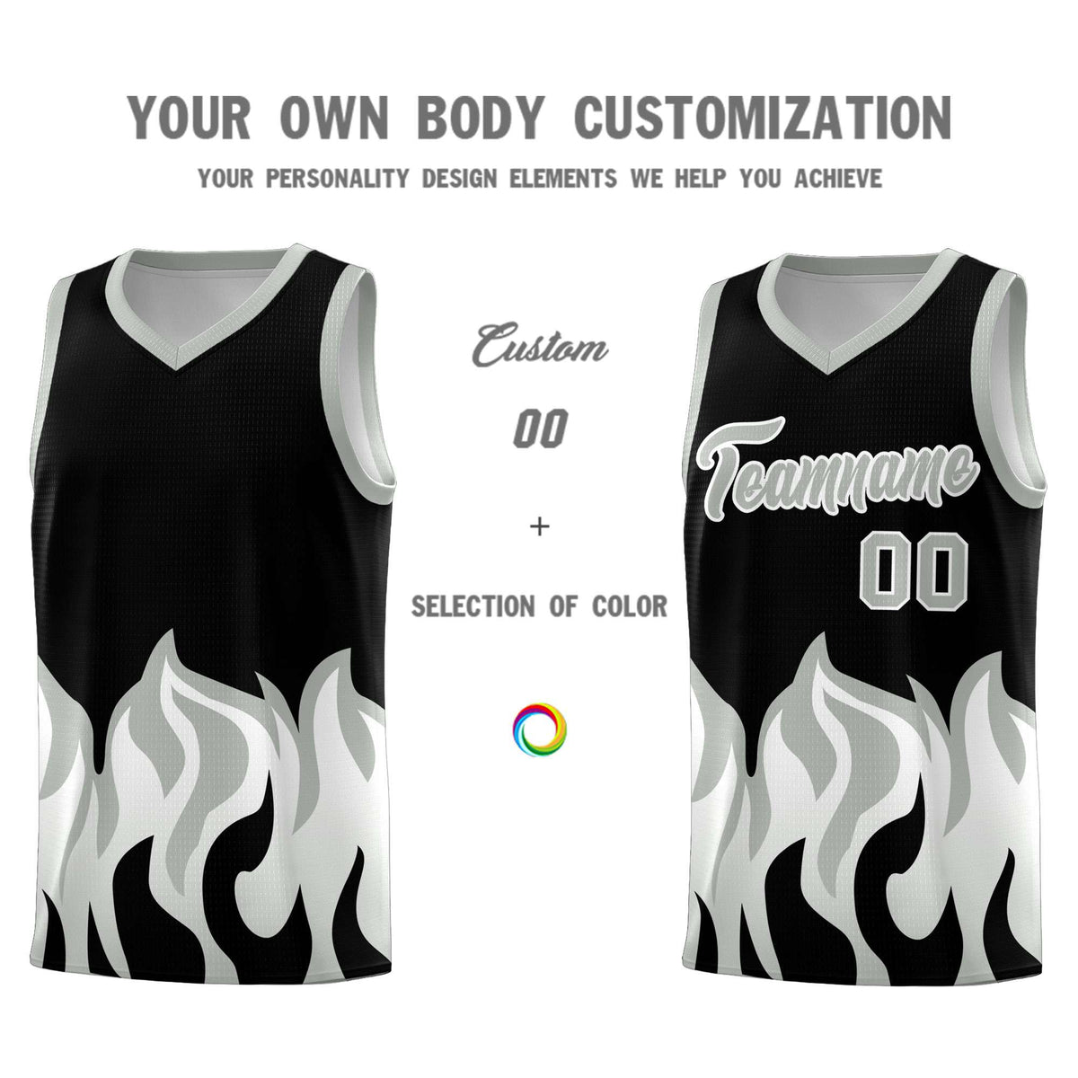 Custom Black Gray Hem Flame Pattern Fashion Sports Uniform Basketball jersey